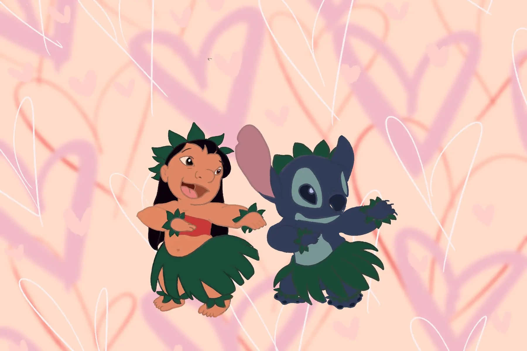 莉洛與史迪奇 桌布 壁紙 — Lilo 與 Stitch 穿著草裙在充滿漂浮心形的柔和粉紅色背景前快樂地跳舞。