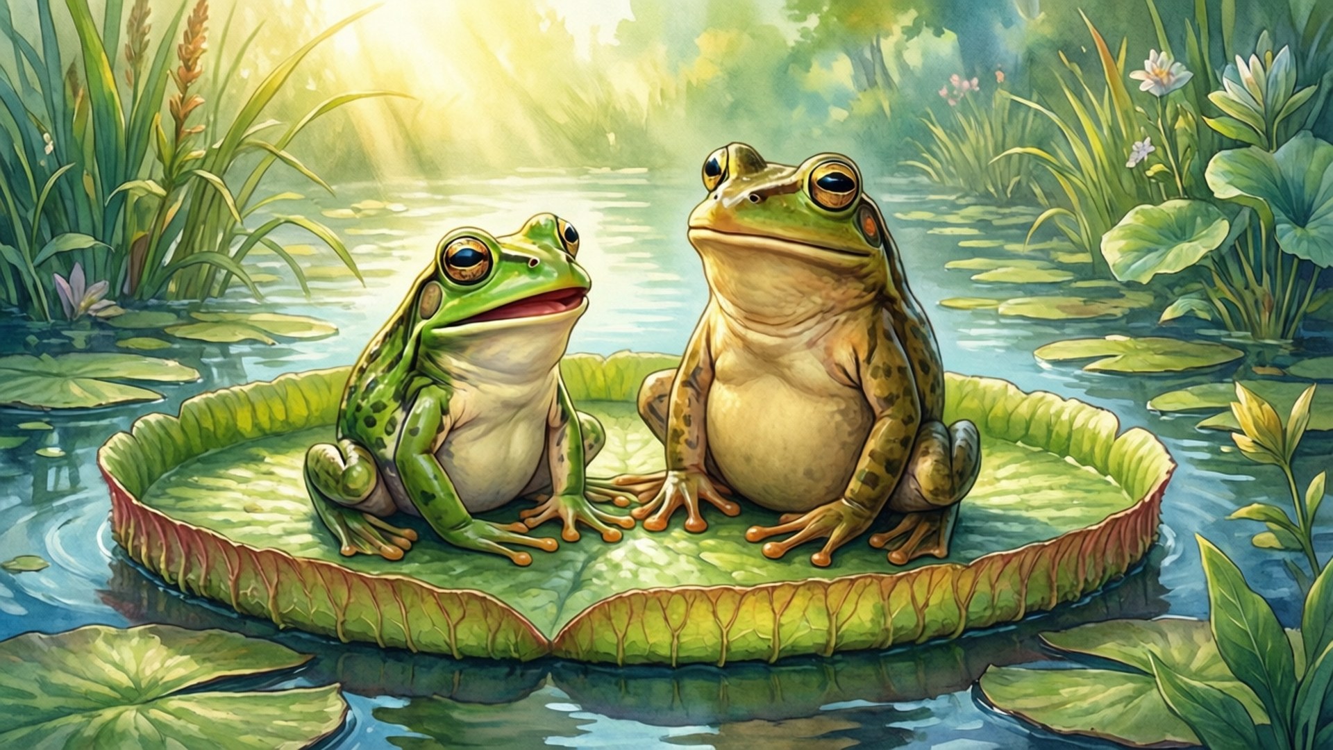 Two frogs sitting on a giant lily pad in a sunlit pond with green plants. 壁紙
