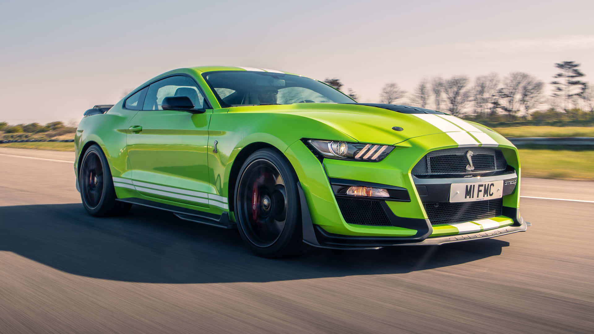  壁紙 — 一輛充滿活力的青檸綠色福特野馬Shelby GT500在陽光明媚的高速公路上飛馳，動態模糊效果強調了其動力和流線型設計。