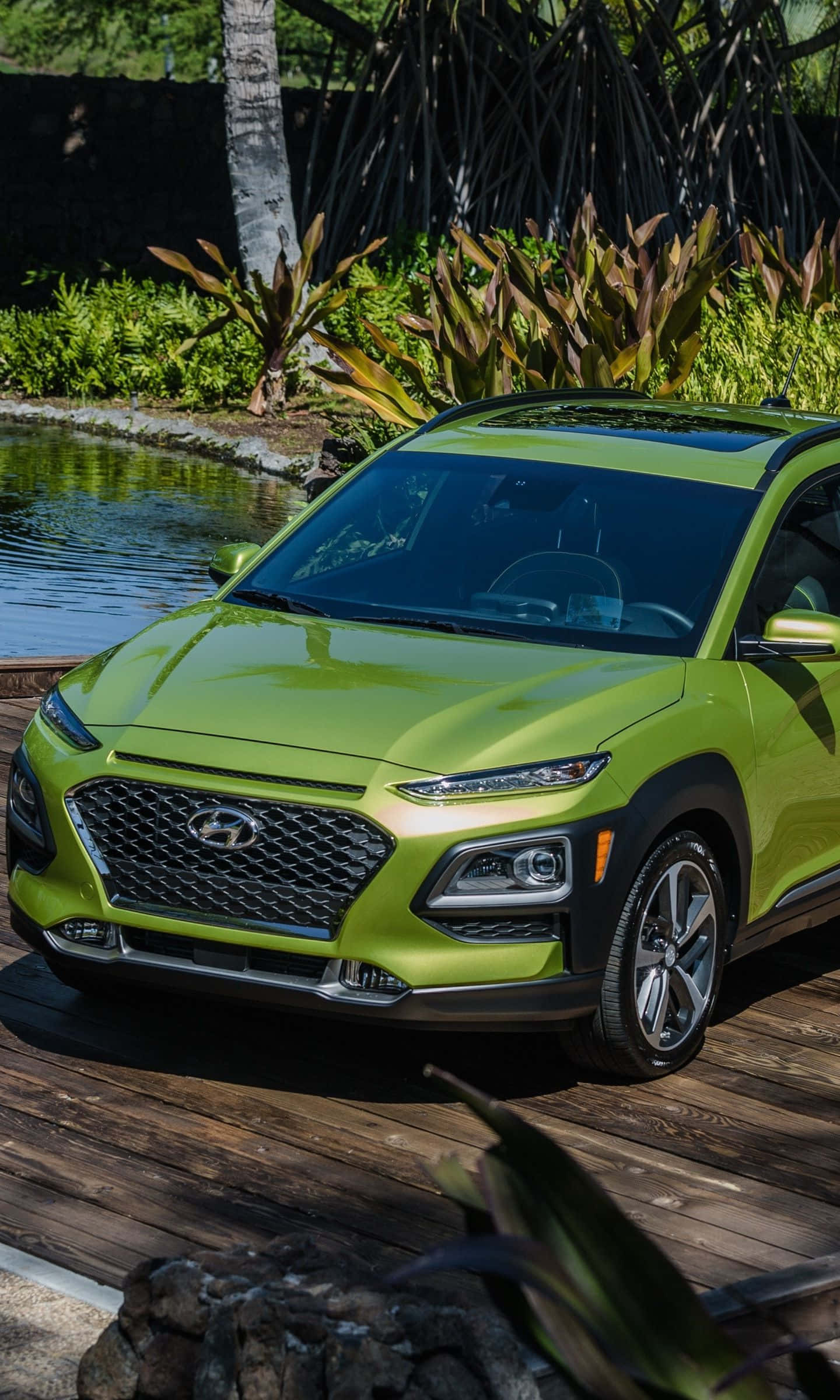 Hyundai Kona 桌布 壁紙 — 一輛鮮豔的青檸綠色現代Kona SUV停泊在木甲板上，旁邊是一個熱帶池塘，周圍有茂密的樹葉。