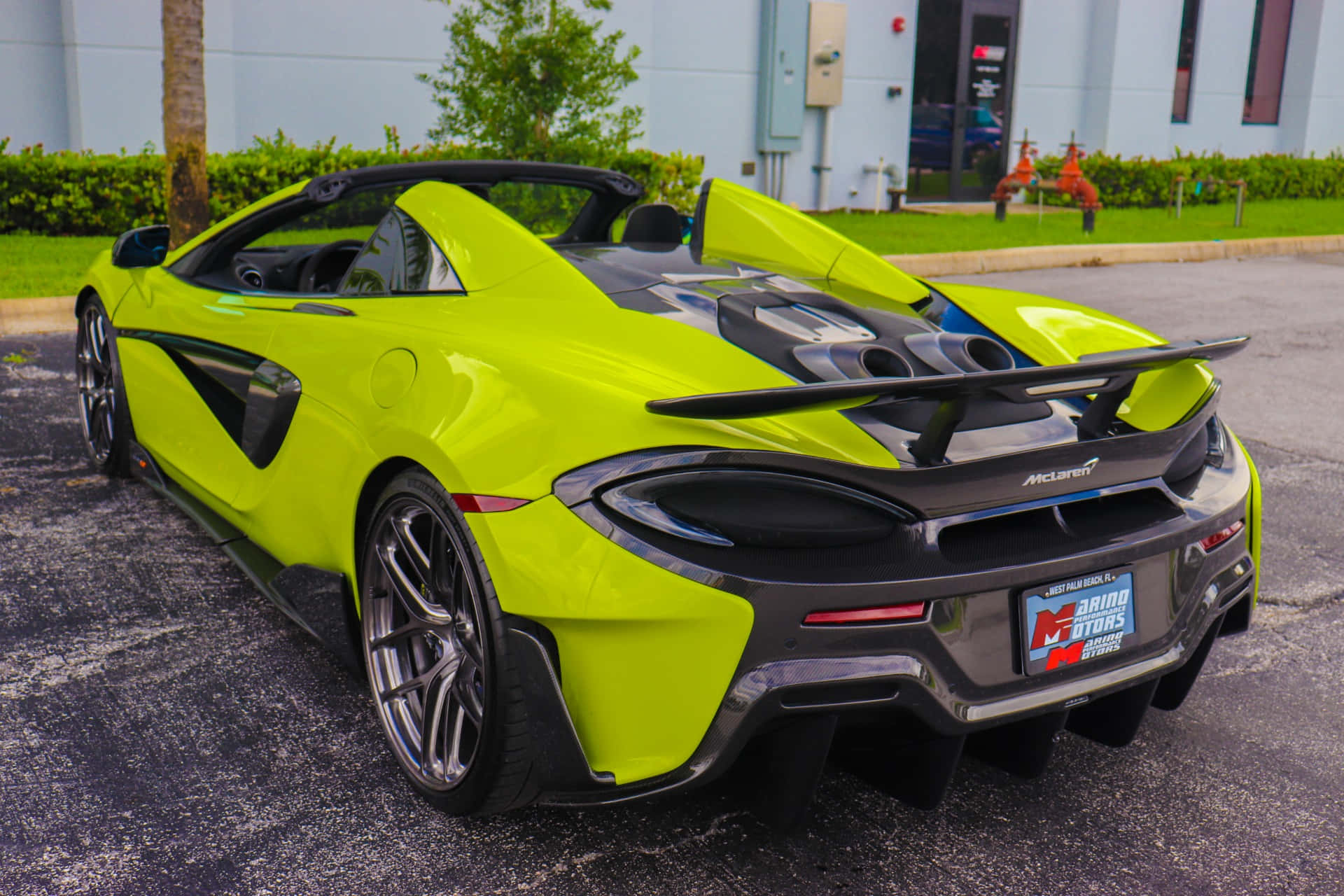 Mclaren 600lt Spider 桌布 壁紙 — 一輛鮮豔的青檸綠色McLaren跑車，配備黑色車頂和後擾流板，停泊在建築物和棕櫚樹附近的瀝青路面上。