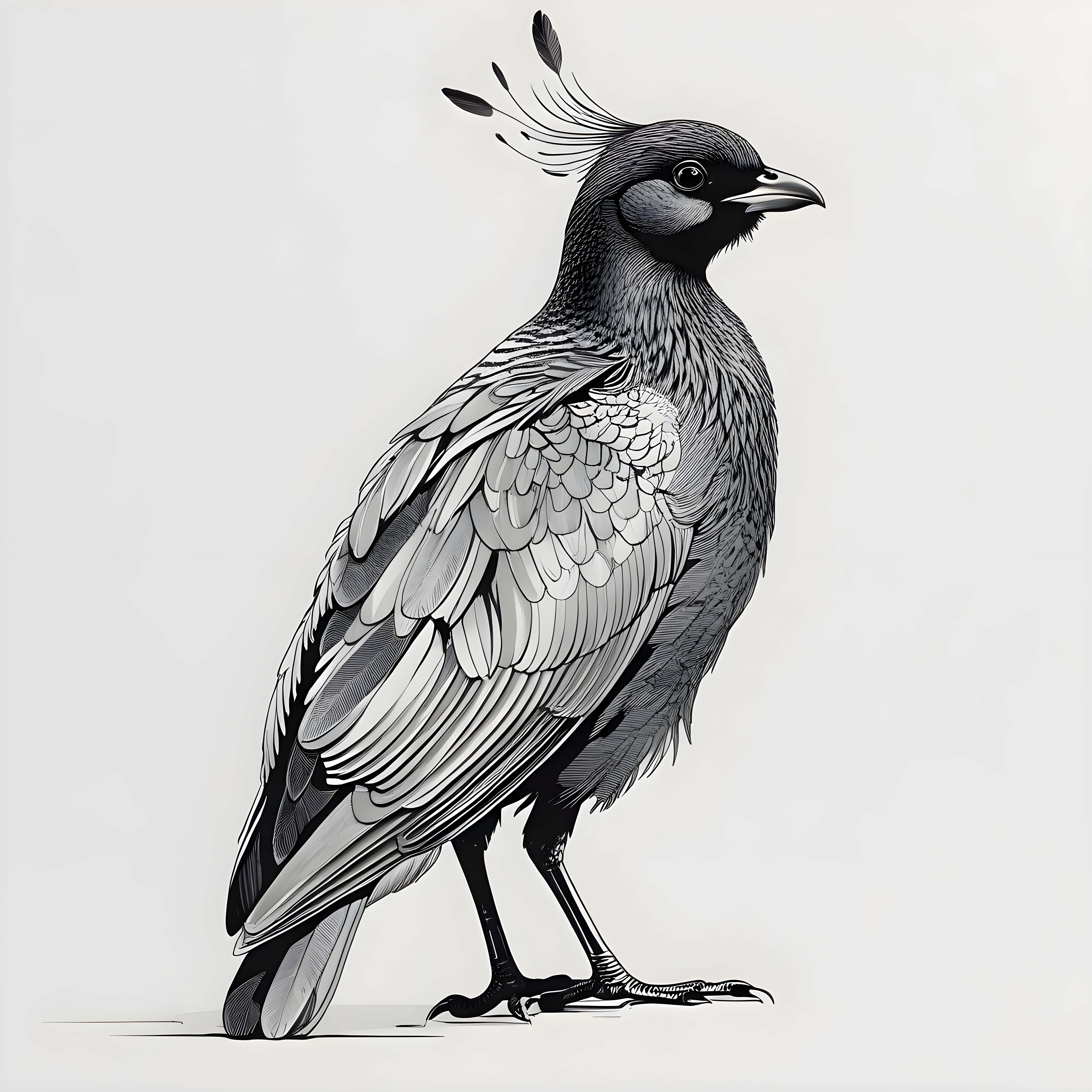 一隻有羽毛冠的黑白插圖鳥單腳站立。