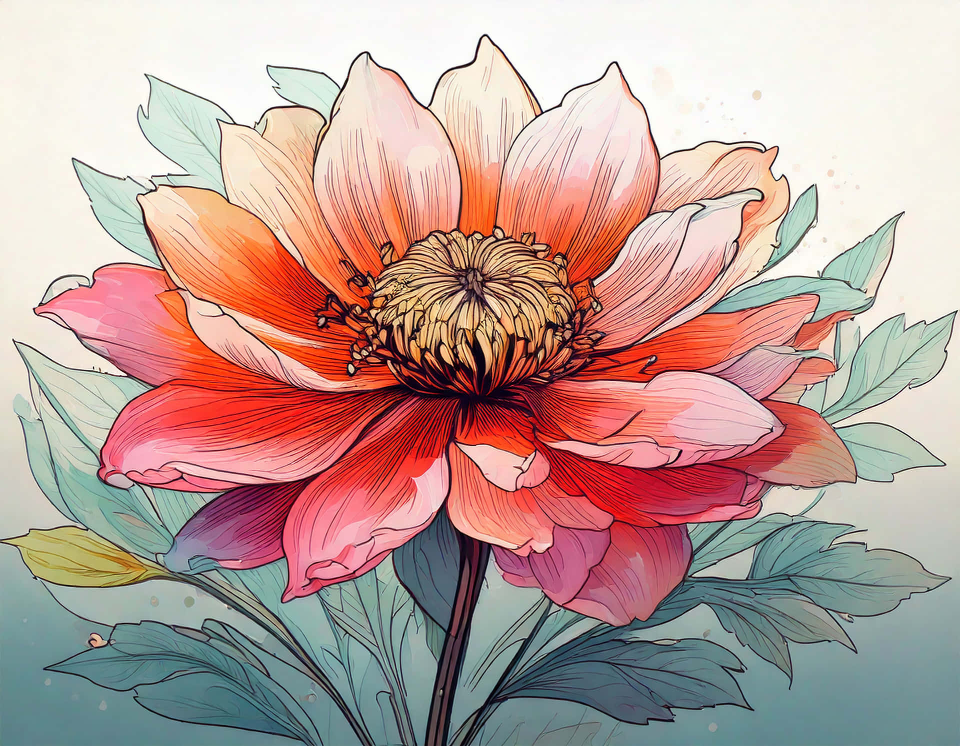 一幅色彩繽紛的插畫牡丹，花瓣層層疊疊，葉子青綠色，背景漸變。