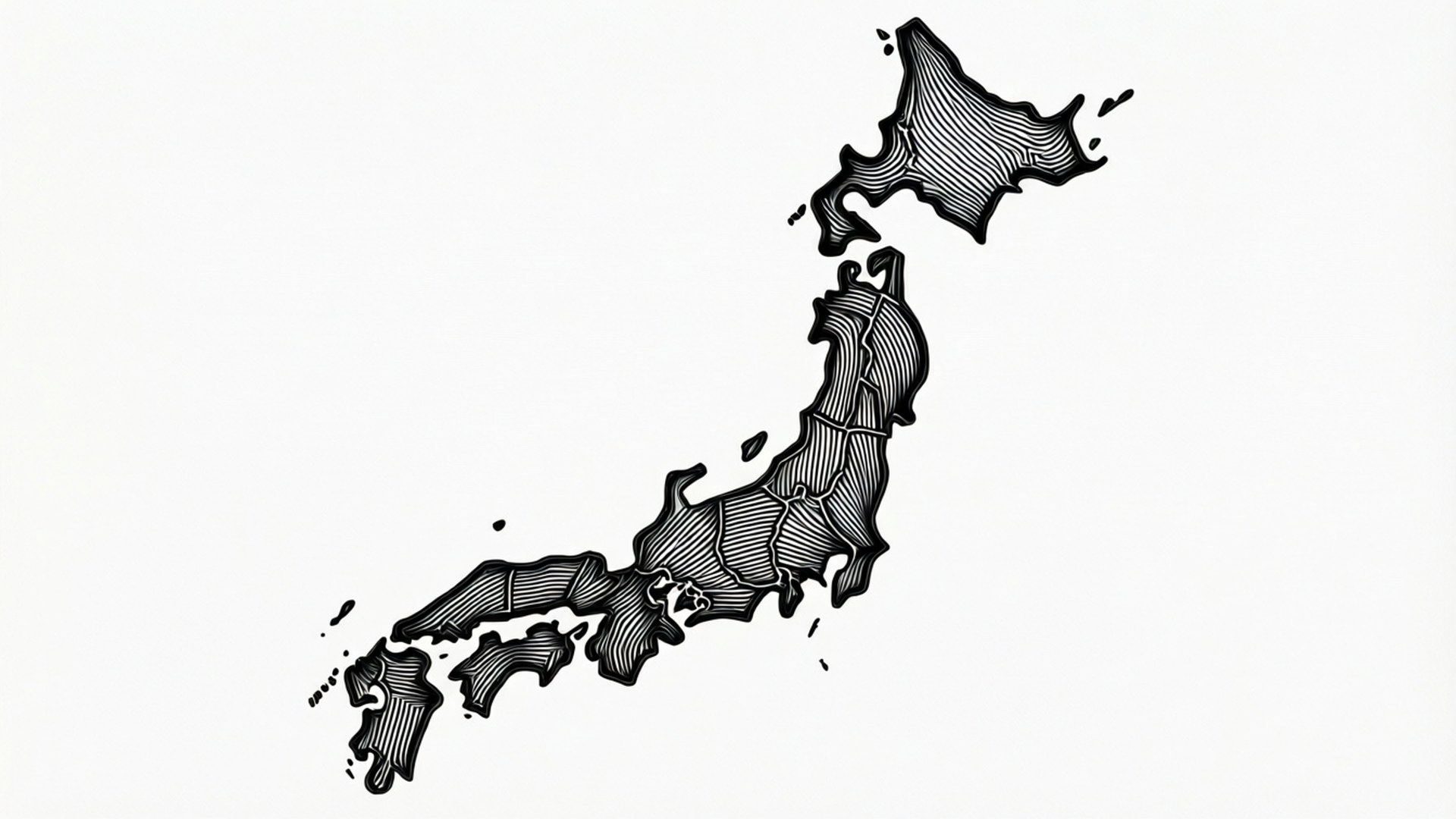 黑色線條藝術地圖，描繪日本，帶有陰影線，背景為有紋理的米白色