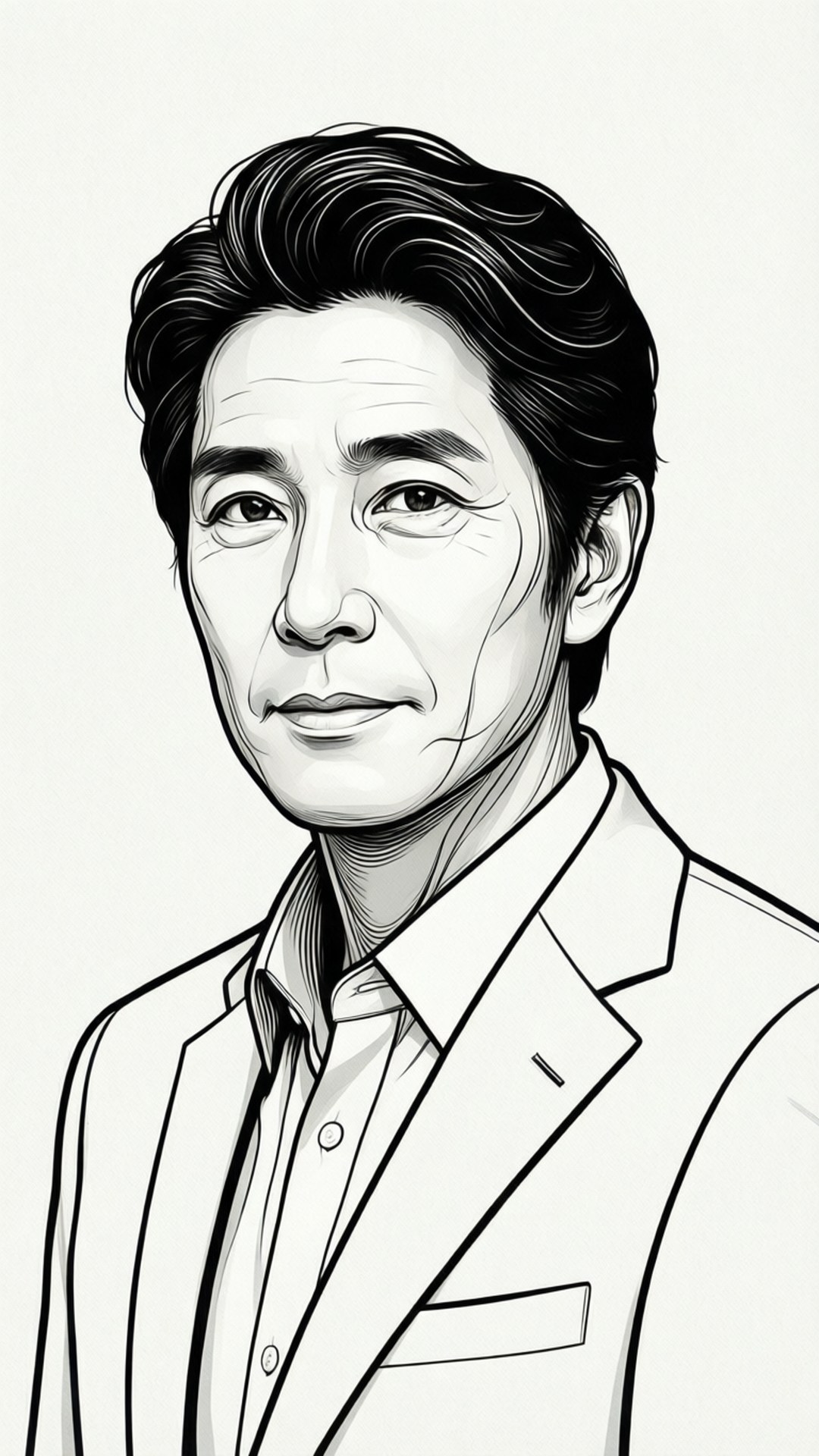 一幅黑白線條畫，畫中男士穿著西裝外套和襯衫領。