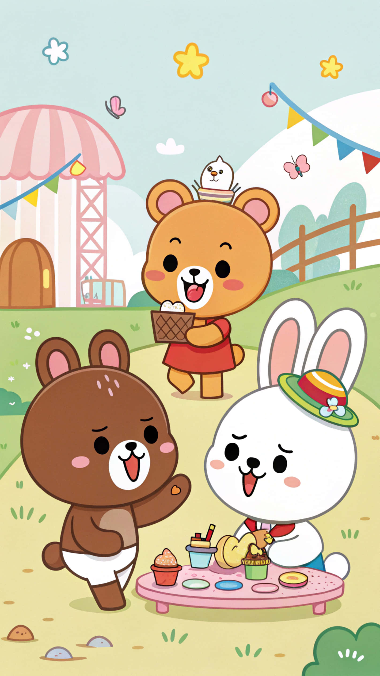 Line Friends 壁紙 — 三隻可愛的卡通動物在彩色旗幟下享受陽光野餐，有雪糕和紙杯蛋糕。