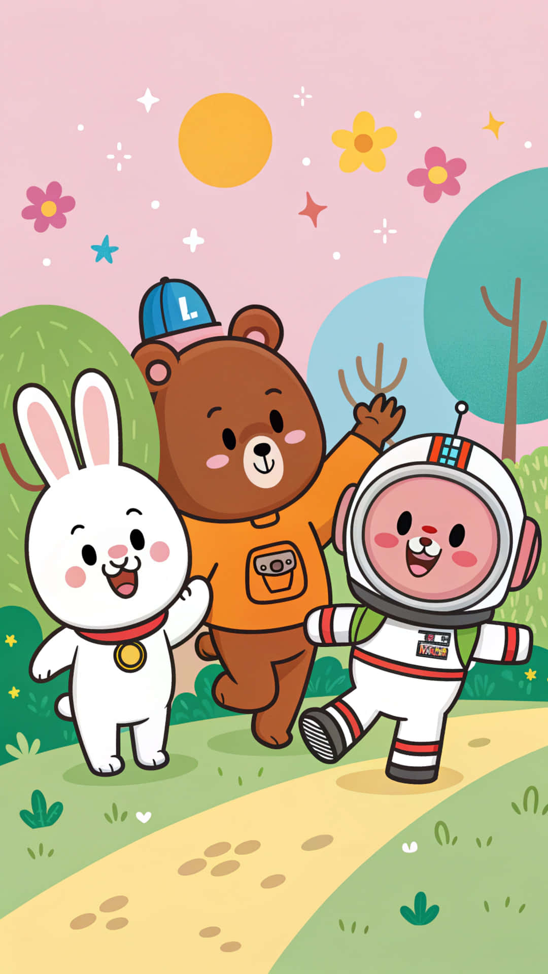 Line Friends 壁紙 — 三隻快樂的卡通動物：兔子、熊和太空人，在粉紅色天空下，沿著一條陽光明媚的小路行走，路上有花朵和星星。