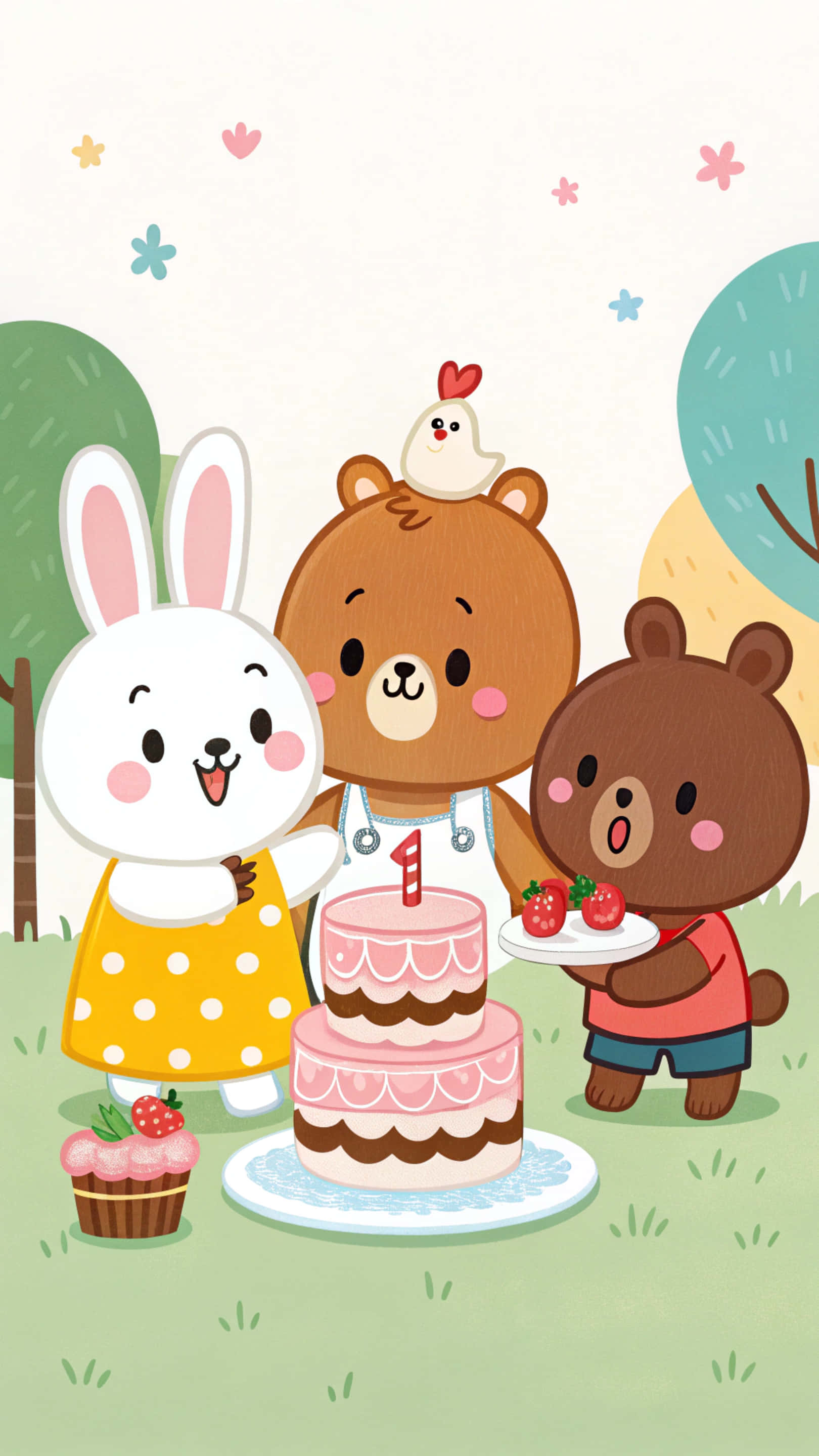 Line Friends 壁紙 — 三隻可愛的卡通動物在歡樂的戶外環境中用粉紅色蛋糕和草莓慶祝生日。