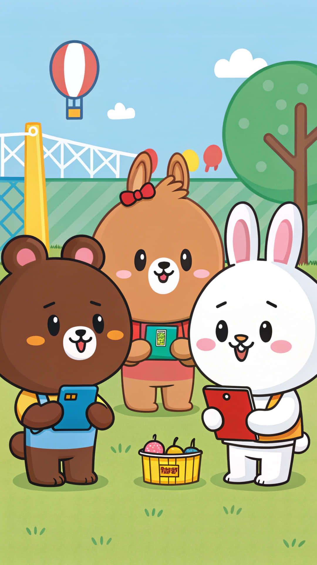Line Friends 壁紙 — 三隻可愛的卡通動物，一隻棕熊、一隻戴紅色蝴蝶結的淺棕色熊和一隻白兔，站在草地上拿著平板電腦，背景有熱氣球和過山車。
