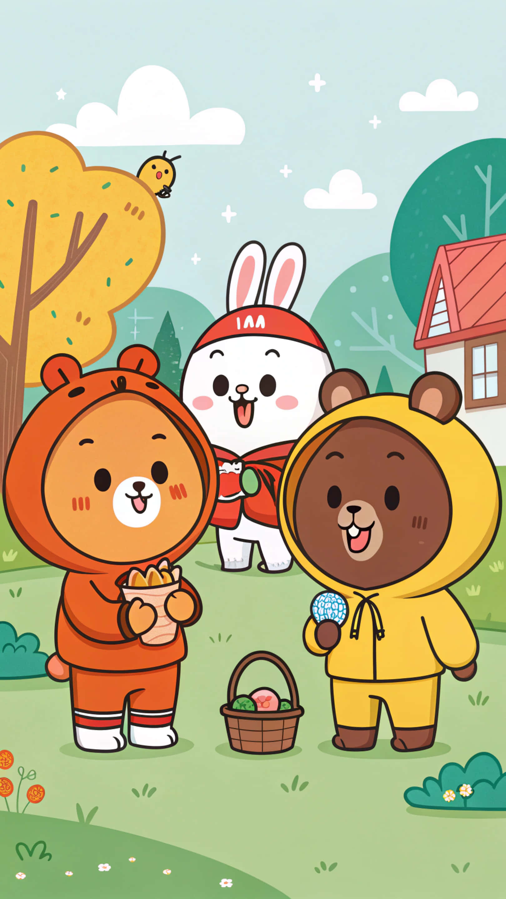 Line Friends 壁紙 — 三隻穿著熊和兔子服裝的歡樂卡通動物在戶外聚集，拿著一籃色彩繽紛的蛋。
