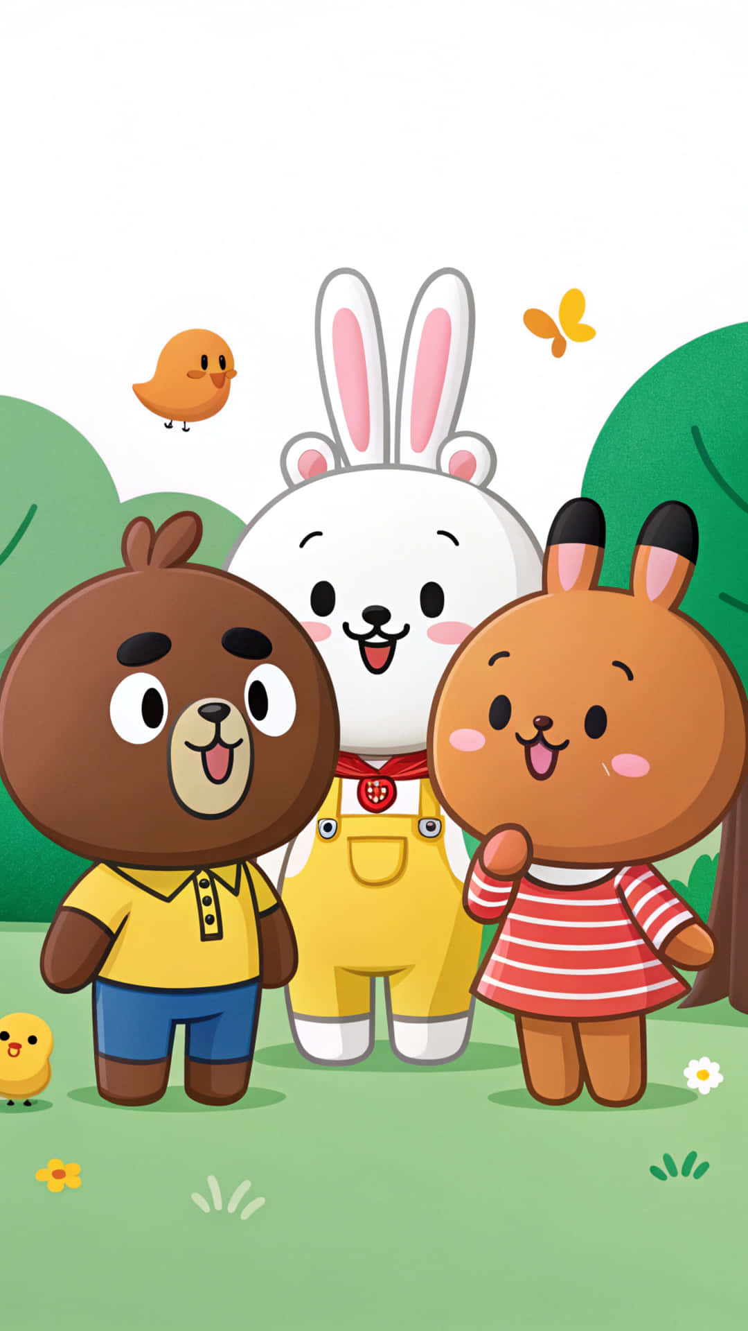 Line Friends 壁紙 — 三隻快樂的卡通動物：一隻棕熊、一隻白兔和一隻棕兔，站在陽光明媚的綠色公園裡，有小鳥和蝴蝶。
