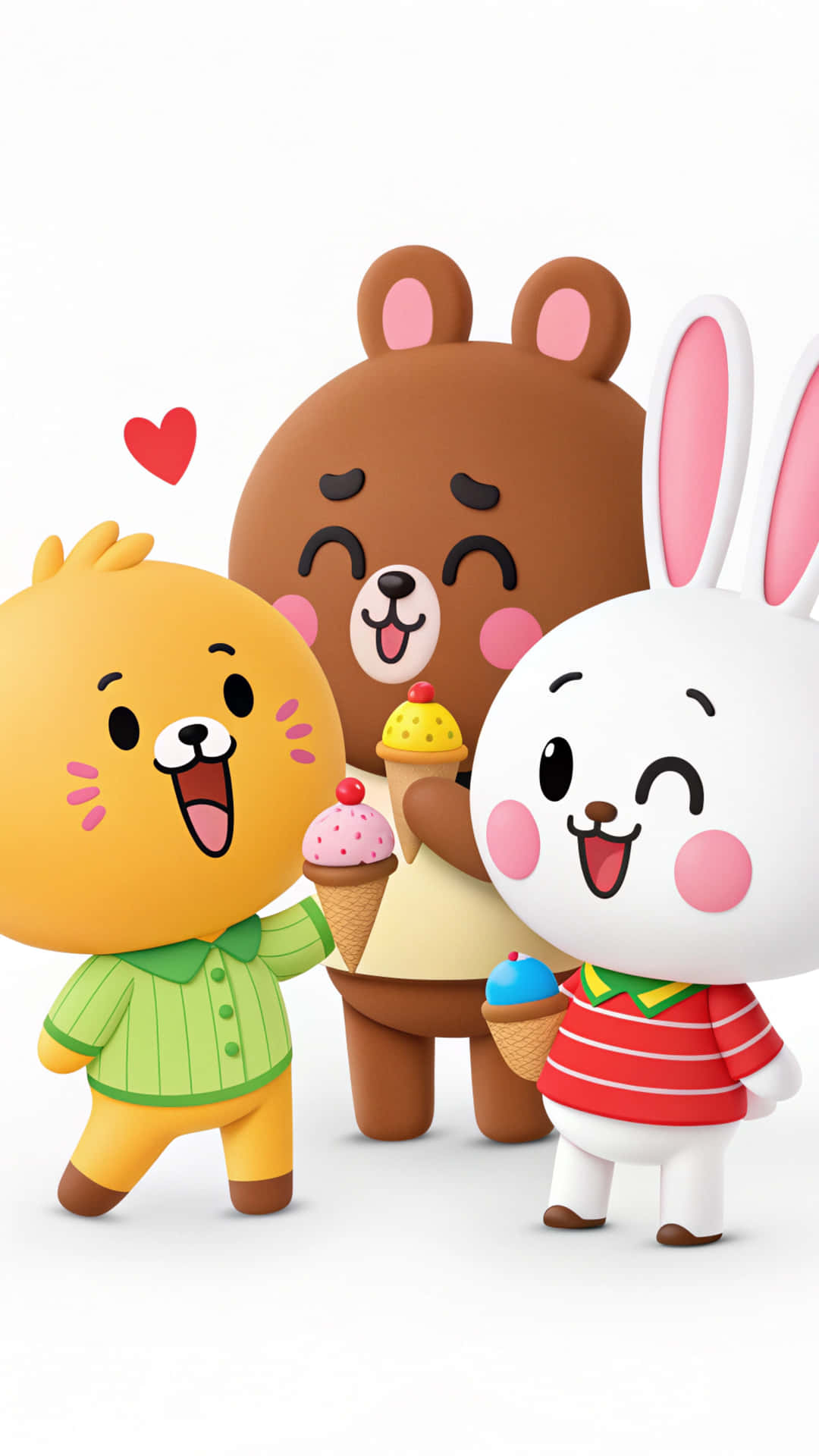Line Friends 壁紙 — 三隻開心的卡通動物：一隻黃色小鳥、一隻棕色熊和一隻白兔，在純白色背景前快樂地分享色彩繽紛的雪糕筒。