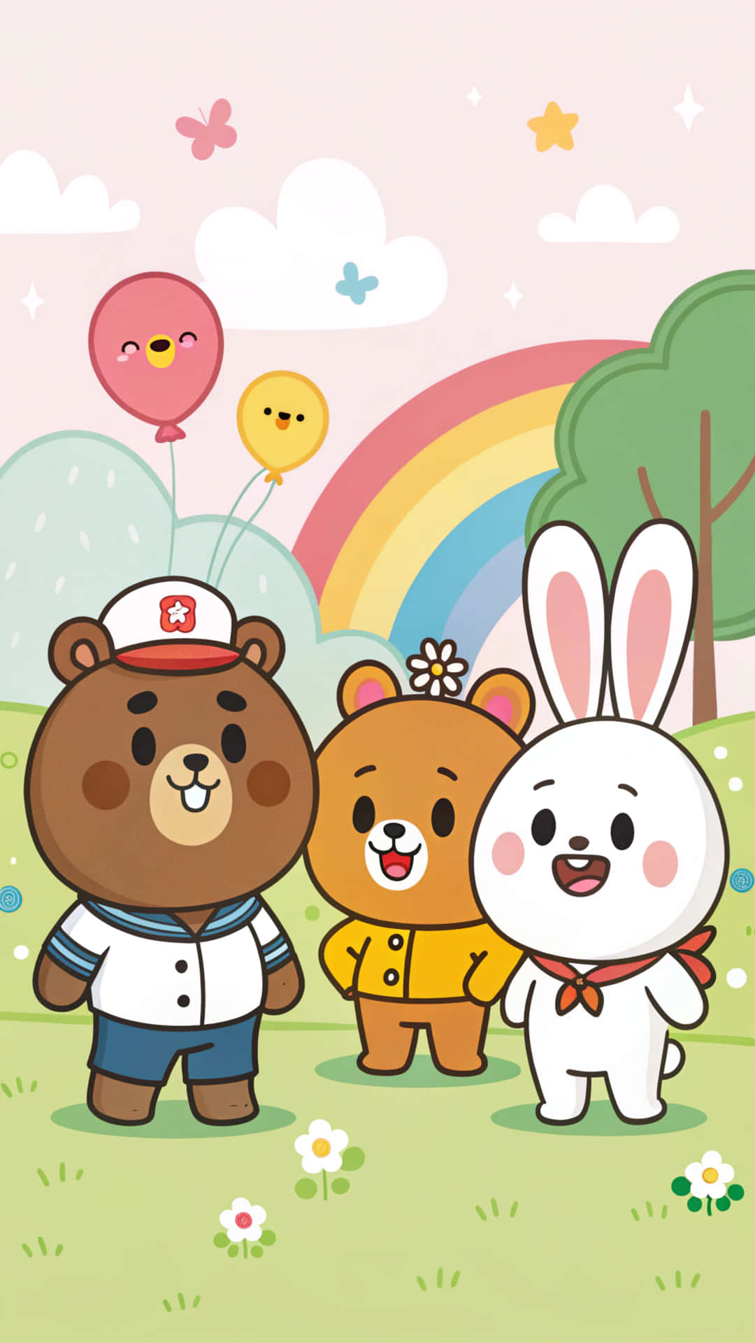 Line Friends 壁紙 — 三隻快樂的卡通動物站在草地上，彩虹下有飄浮的氣球和雲朵。