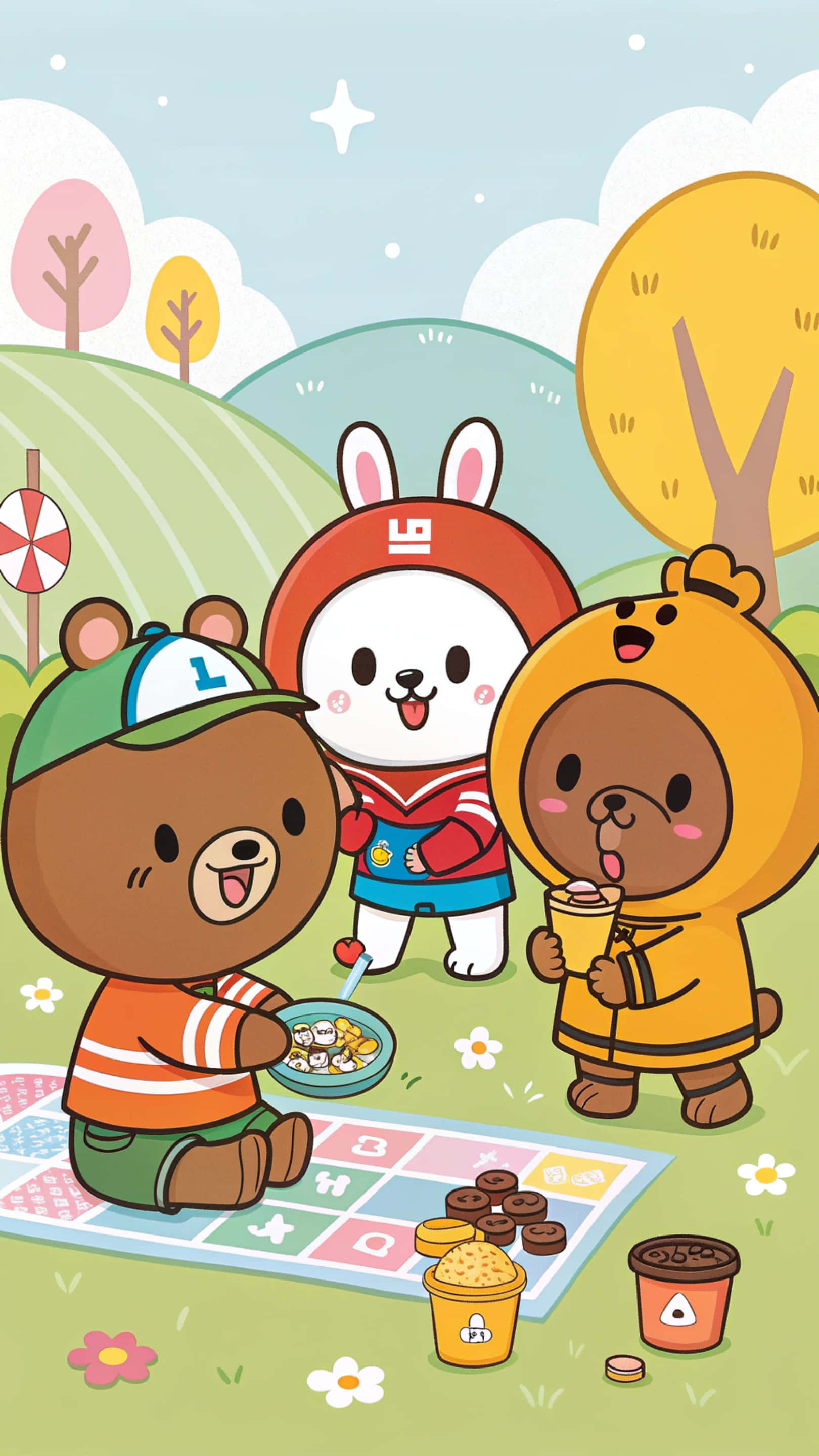 Line Friends 壁紙 — 三隻可愛的卡通熊在色彩繽紛的毯子上享受愉快的野餐，天空明亮，還有粉彩樹木。