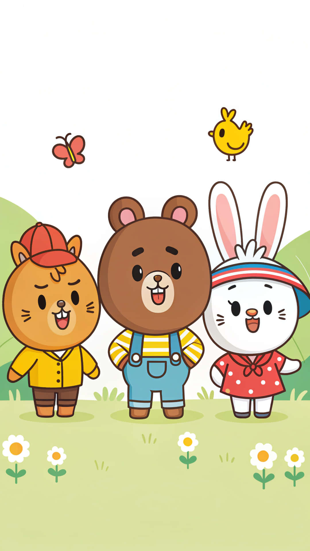 Line Friends 壁紙 — 三隻快樂的卡通動物，一隻貓、熊和兔子，站在有花朵、蝴蝶和一隻鳥在它們上方的草地上。
