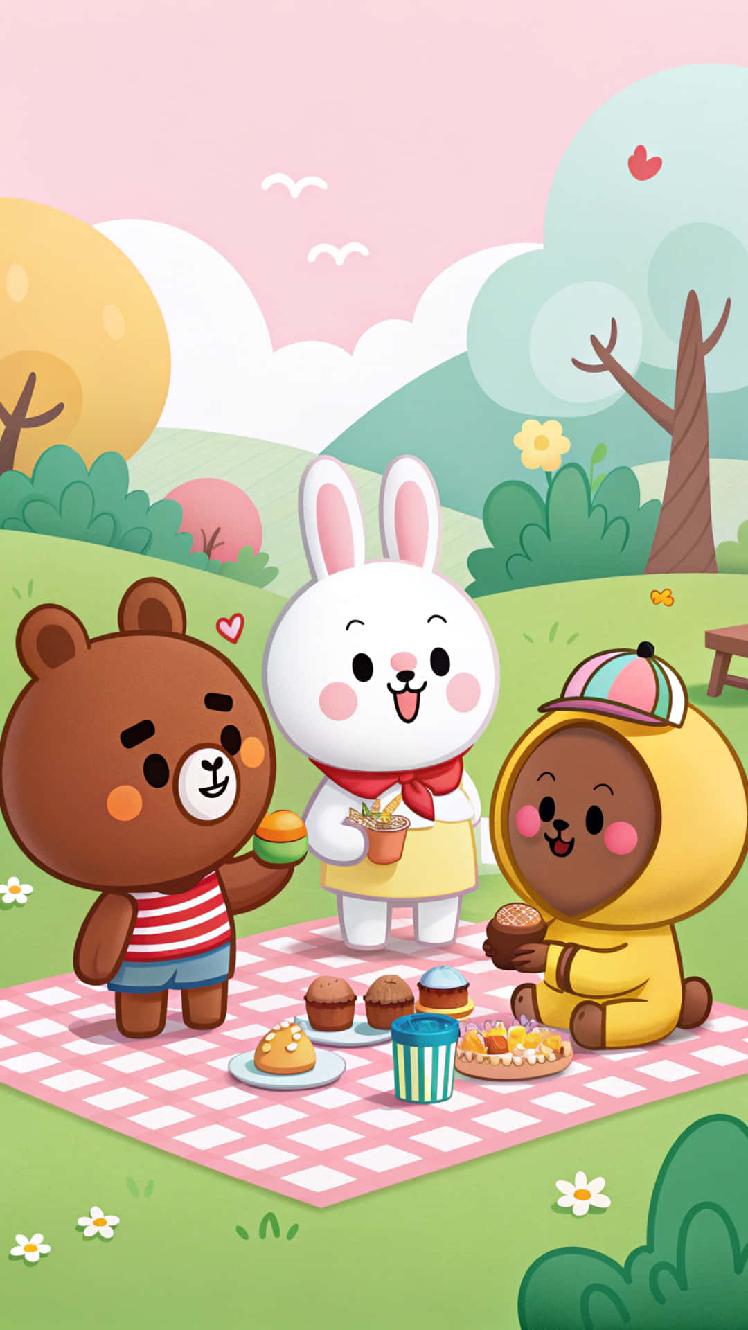 Line Friends 壁紙 — 三隻卡通動物在格仔毯上享受陽光野餐，有紙杯蛋糕和飲料，背景是柔和色調的風景。