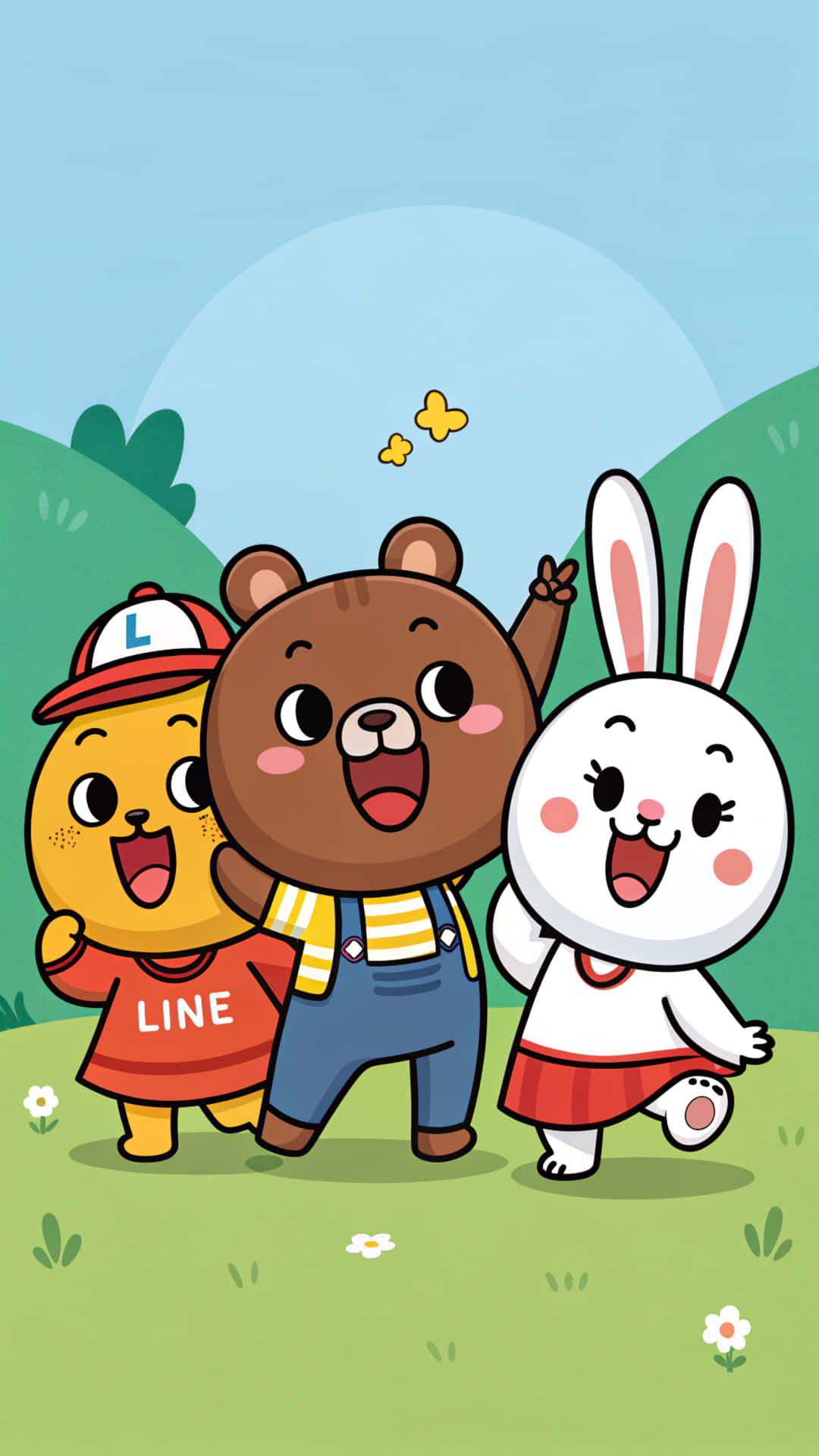Line Friends 壁紙 — 三隻快樂的卡通動物：一隻熊、一隻兔子和一個穿著紅色襯衫的黃色角色，在藍天下長滿青草的小山上快樂地站著，蝴蝶在空中飄舞。