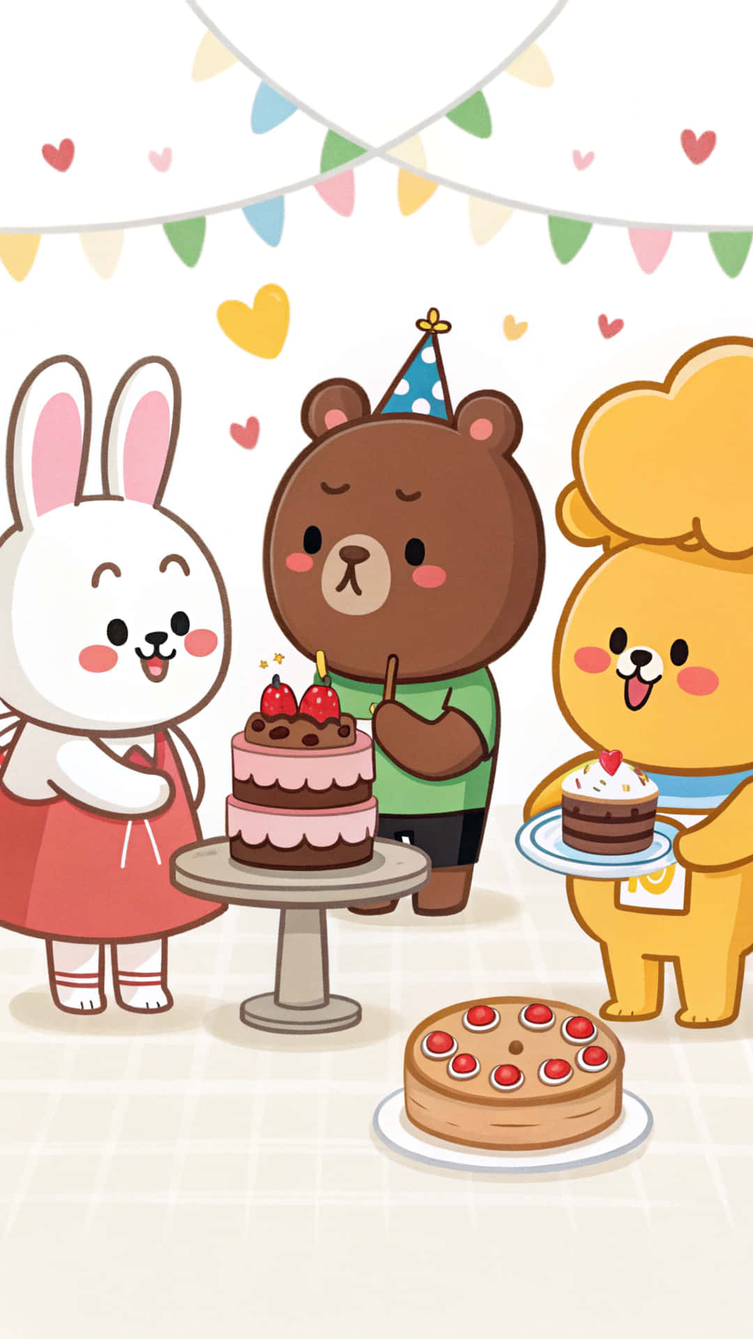 Line Friends 壁紙 — 三隻可愛的卡通動物在柔和燈光下，用蛋糕、心形和彩色裝飾慶祝生日。