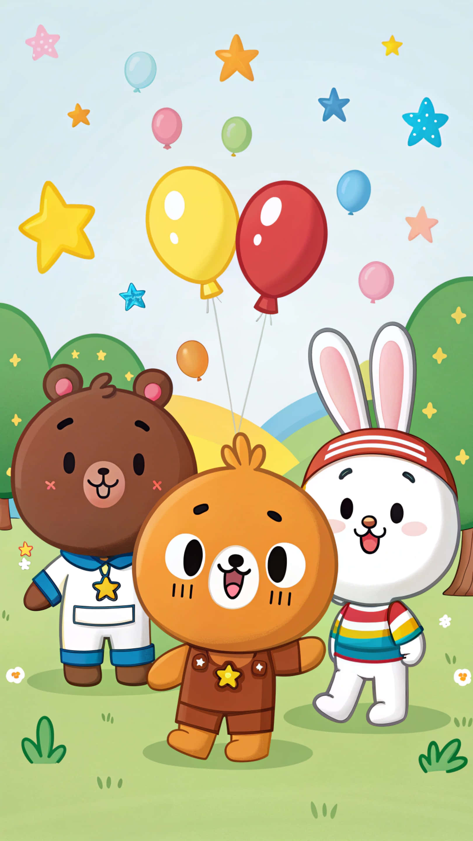 Line Friends 壁紙 — 三隻快樂的卡通動物：一隻棕熊、一隻橙色狐狸和一隻白兔站在草地上，手持彩色氣球，星星在它們上方飄浮。