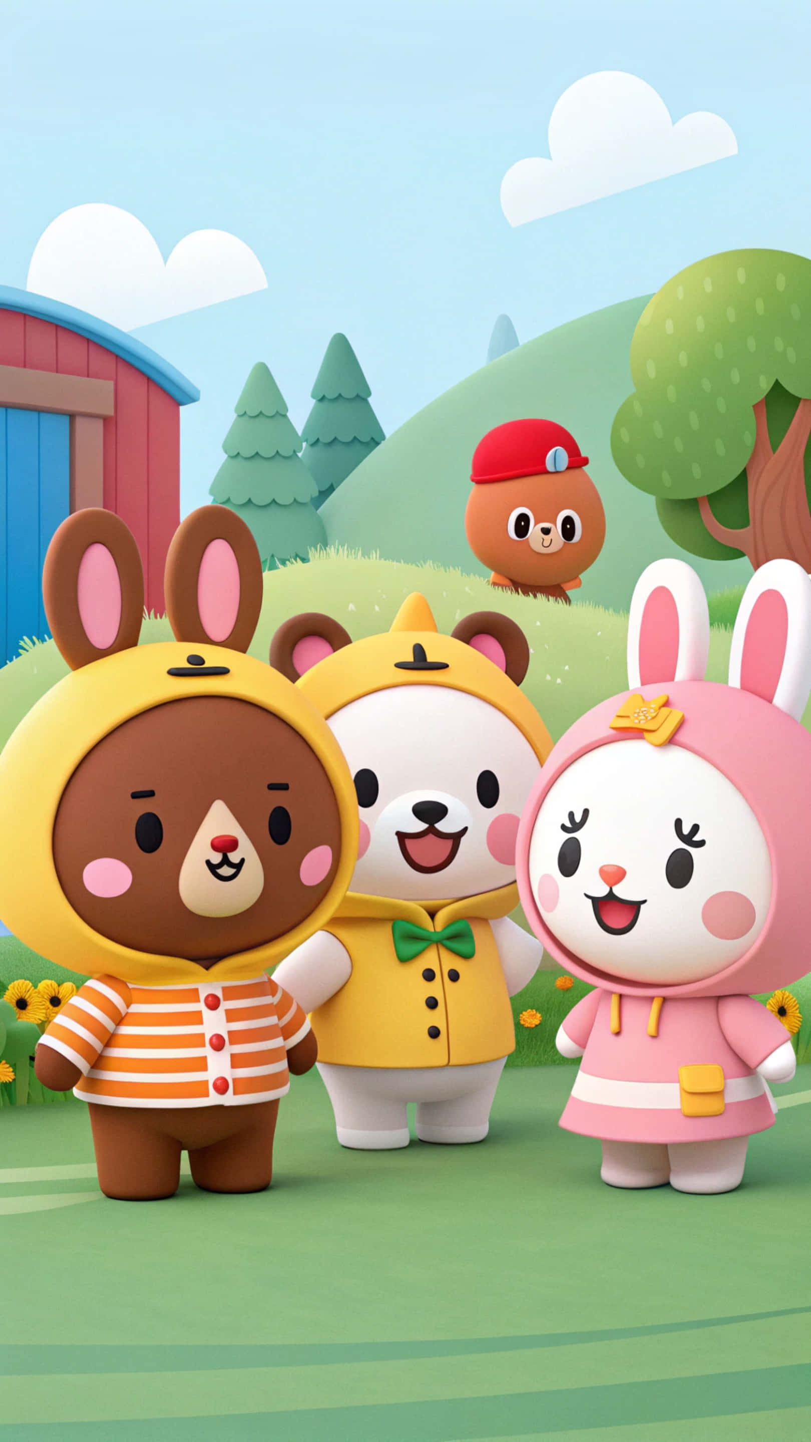 Line Friends 壁紙 — 三隻穿著兔子服裝的快樂卡通動物站在陽光明媚的田野中，背景有紅色穀倉和樹木。