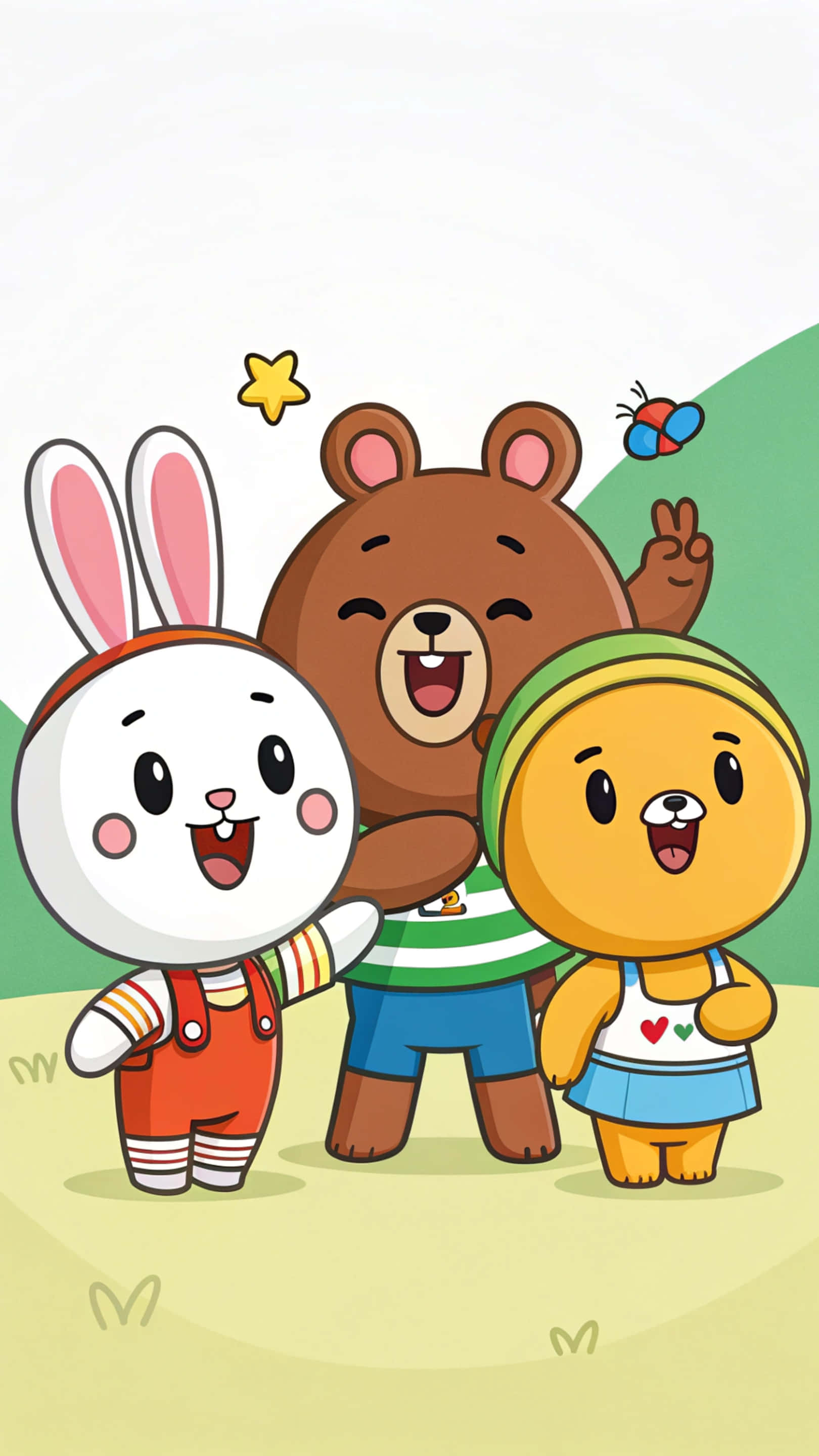 Line Friends 壁紙 — 三隻快樂的卡通動物：一隻白兔、一隻棕熊和一隻黃色小雞，在明亮的戶外場景中站在一起微笑。
