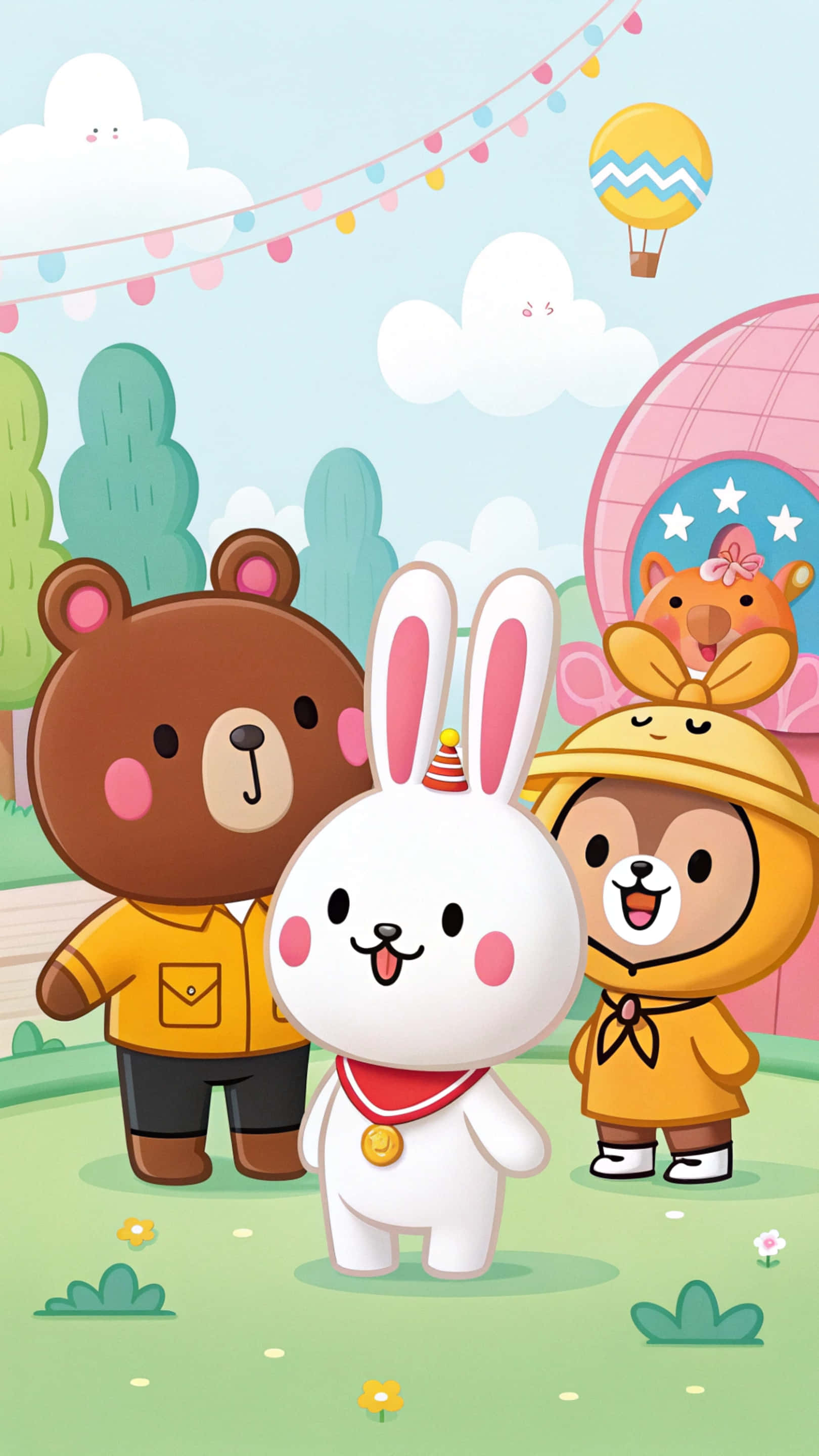Line Friends 壁紙 — 三隻可愛的卡通動物穿著黃色服裝，站在一個歡樂的公園裡，下方有燈串和一個熱氣球。