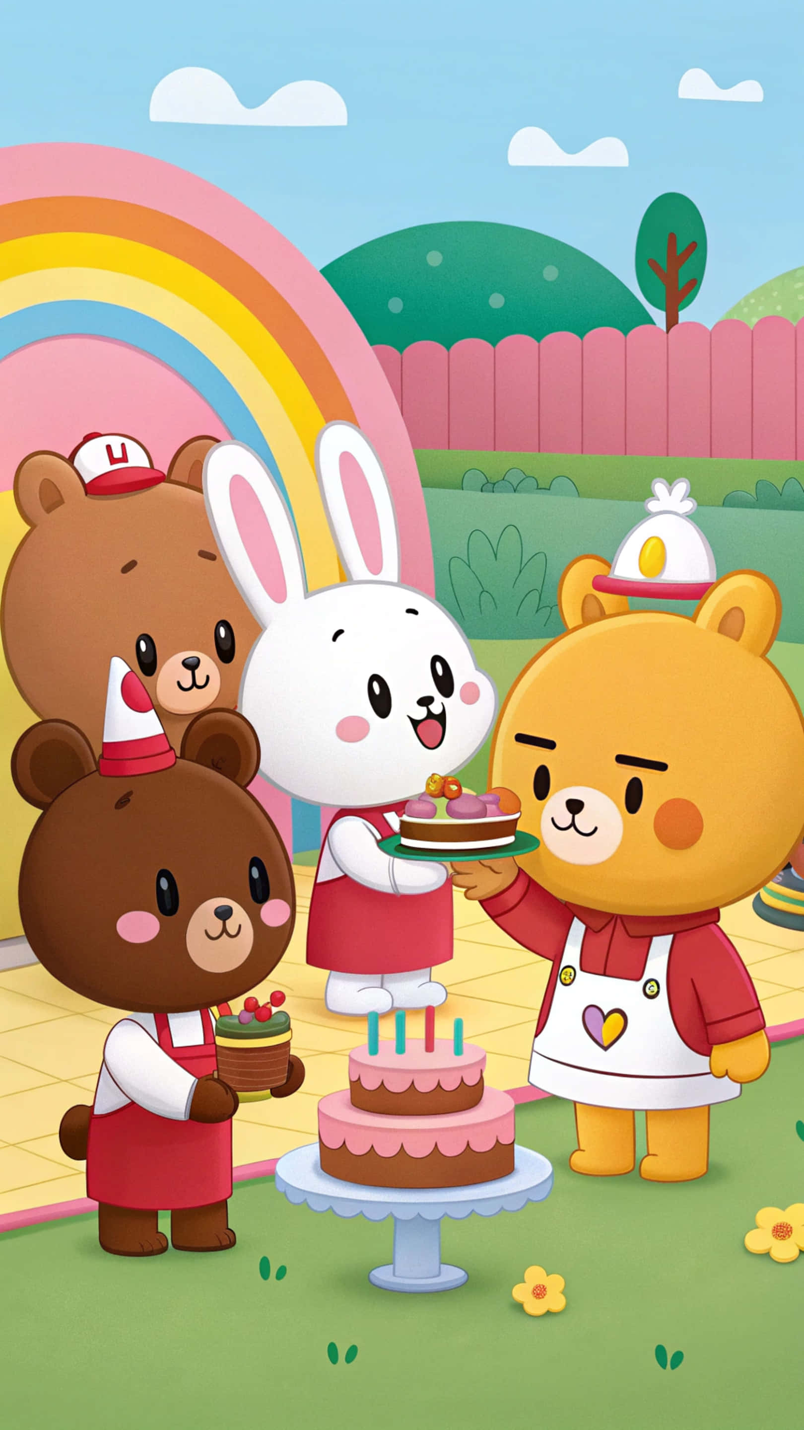 Line Friends 壁紙 — 四隻卡通熊在陽光明媚的庭院裡，在彩虹下用色彩繽紛的蛋糕慶祝。