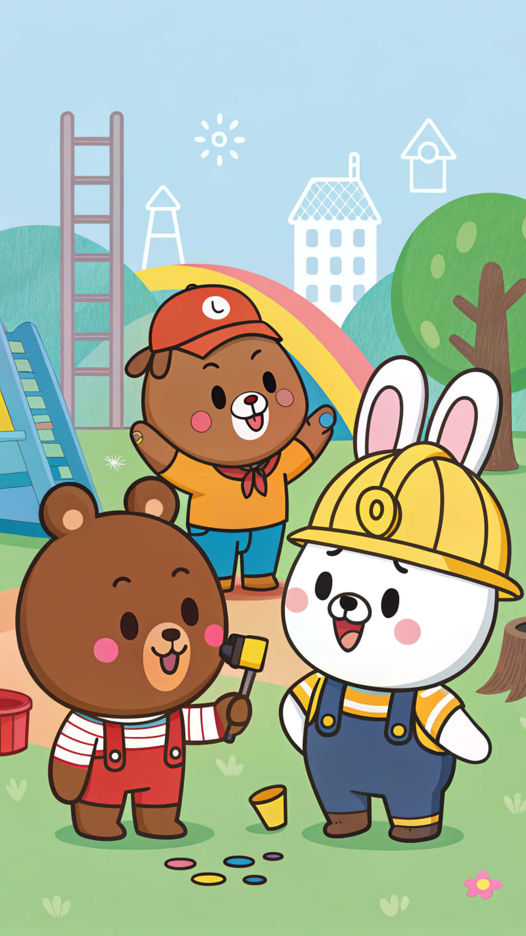 Line Friends 壁紙 — 三隻穿著建築裝備的卡通動物在明亮的戶外遊樂場愉快地畫彩虹。