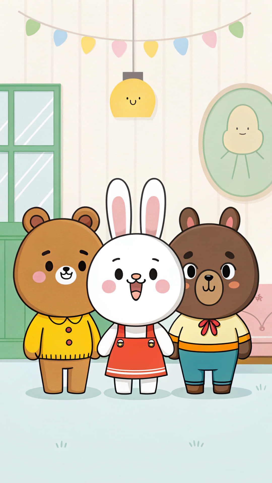 Line Friends 壁紙 — 三隻可愛的卡通動物，一隻白兔和兩隻棕熊，站在一個舒適的房間裡，房間裡有彩色燈串和一盞微笑的燈。