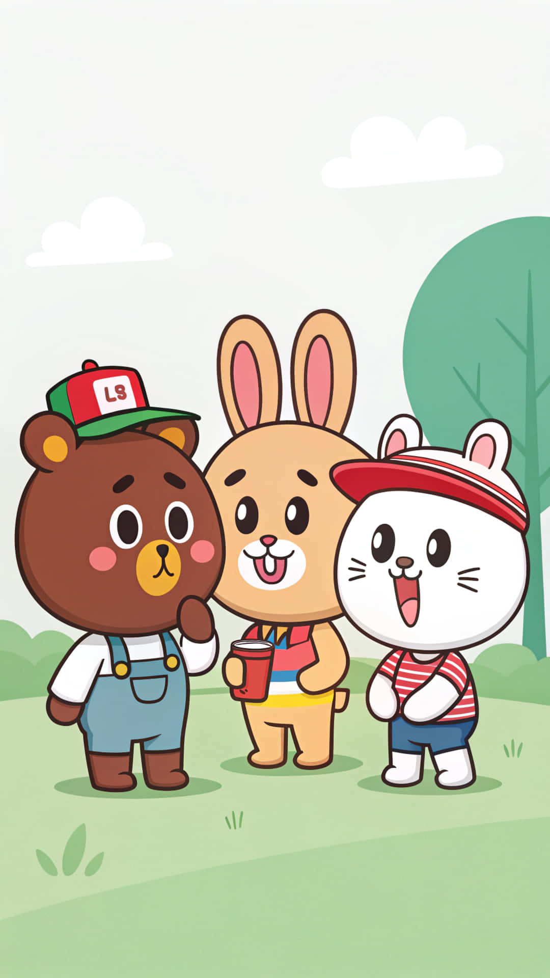 Line Friends 壁紙 — 三隻可愛嘅卡通動物，一隻熊、一隻兔同一隻貓，企喺一片草地上面，天空好光。