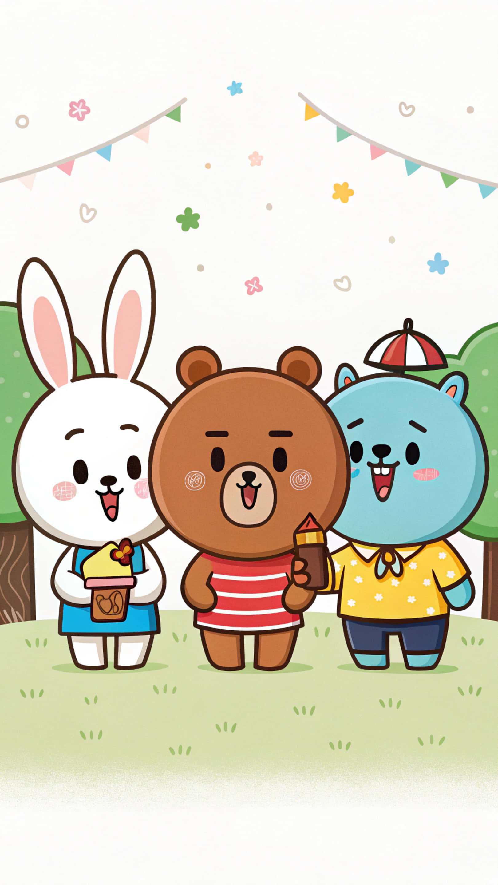 Line Friends 壁紙 — 三隻可愛的卡通動物，一隻白兔、一隻棕熊和一隻藍熊，在色彩繽紛的彩旗下一同站立，手持雪糕筒，呈現歡樂的戶外場景。