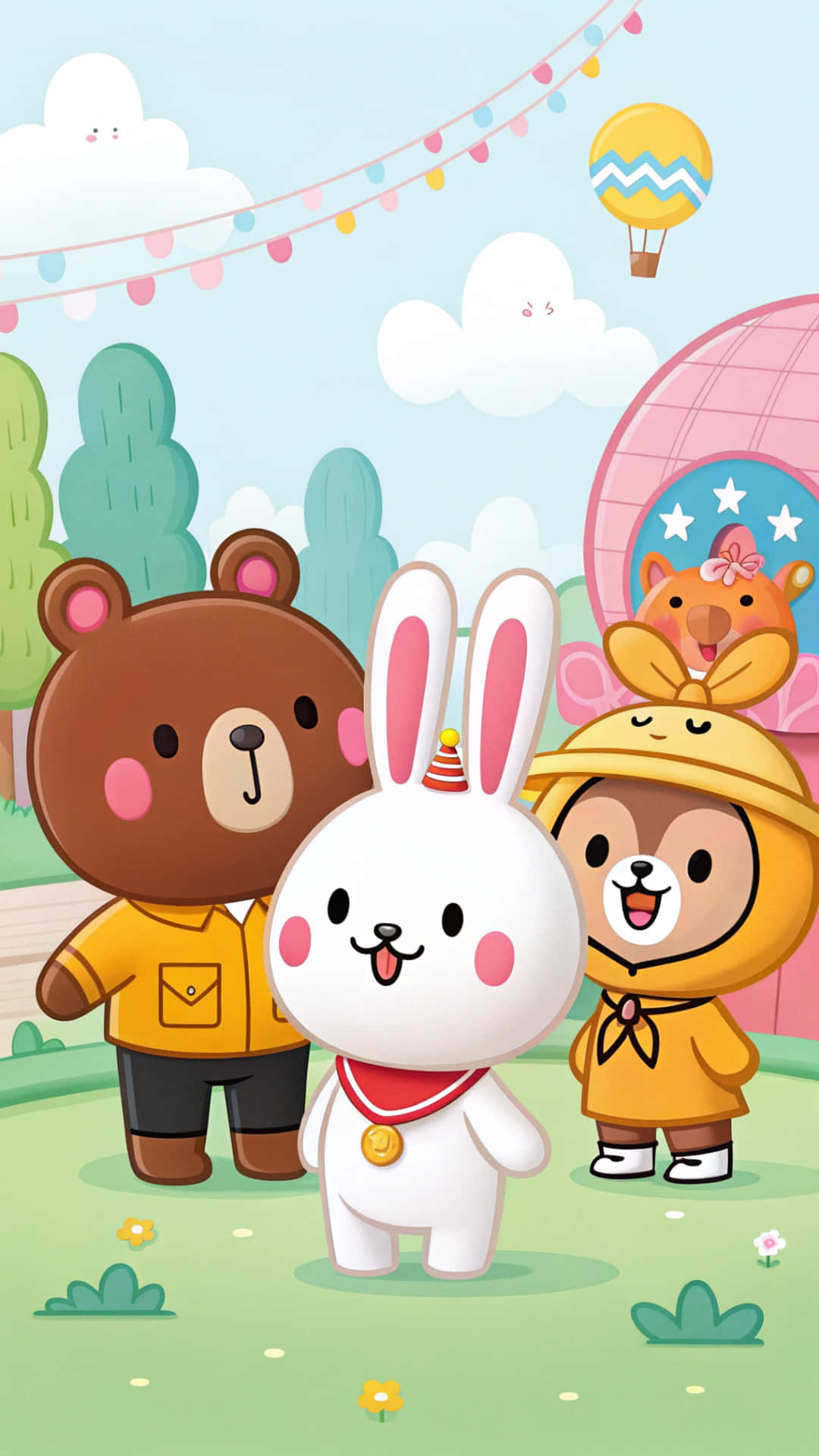 Line Friends 壁紙 — 三隻穿著黃色服裝的可愛卡通動物站在一個歡樂的公園裡，頭頂有燈串和一個熱氣球。
