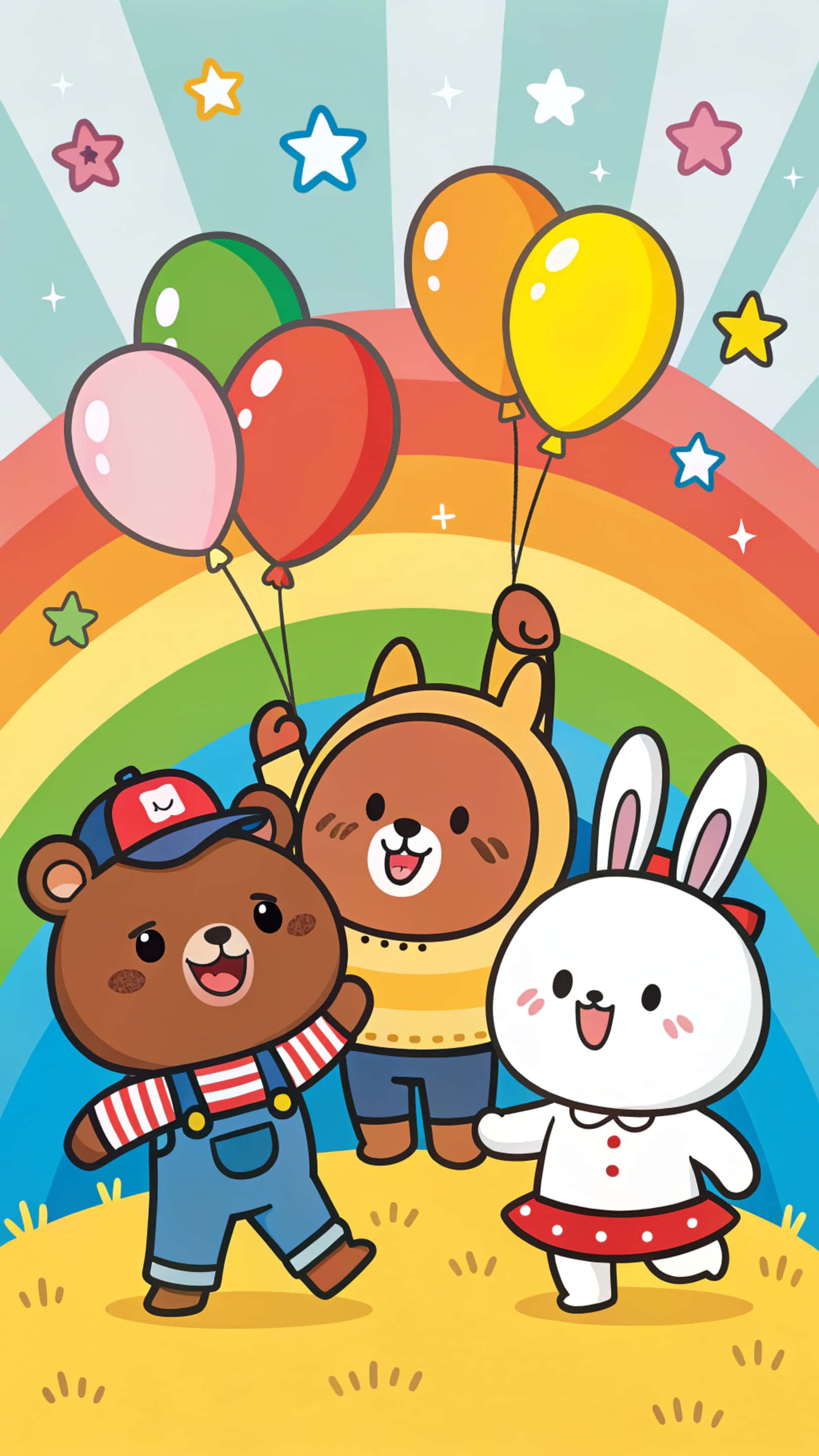 Line Friends 壁紙 — 三隻快樂的卡通動物在鮮豔的彩虹和閃爍的星星下拿著彩色氣球。