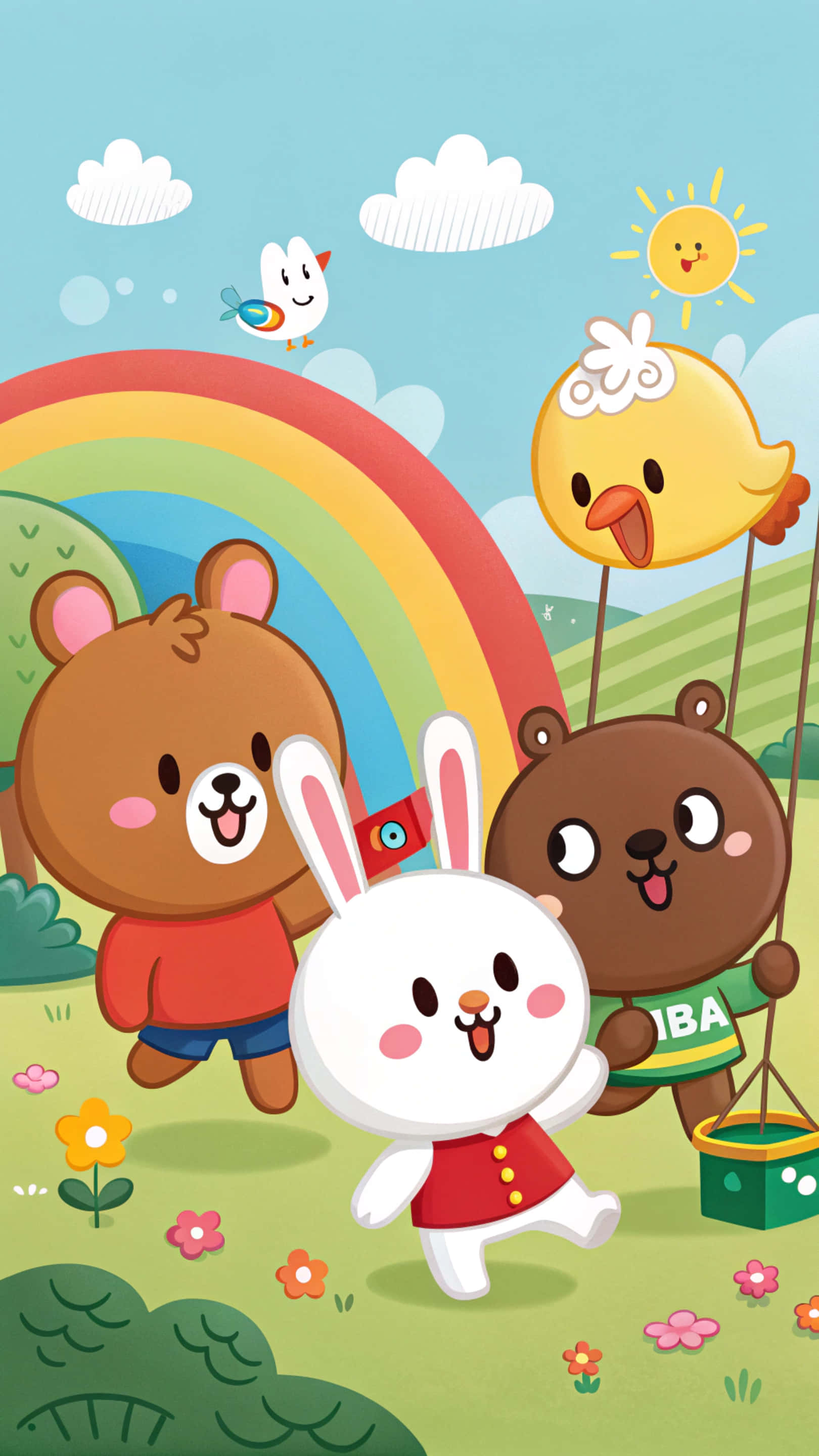 Line Friends 壁紙 — 三隻快樂的卡通動物：一隻熊、一隻兔子和一隻拿著氣球鴨子的熊，在帶有微笑太陽和雲朵的彩虹下玩耍。