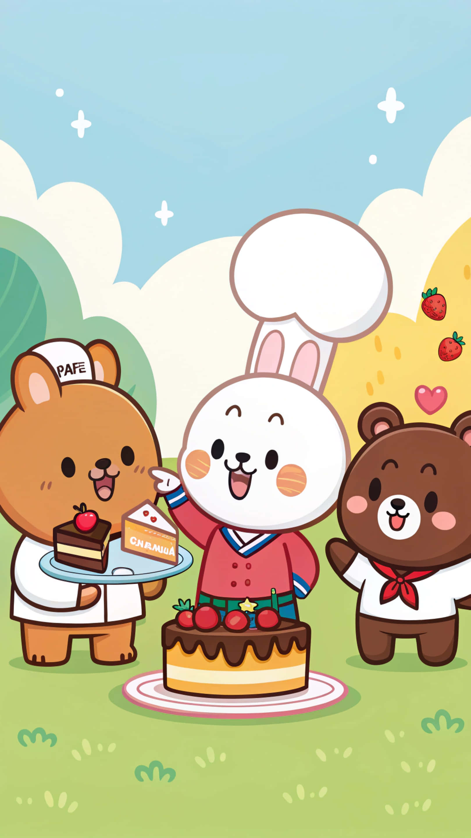 Line Friends 壁紙 — 三隻可愛卡通熊在明亮的天空下，用一個上面有草莓的朱古力蛋糕慶祝。