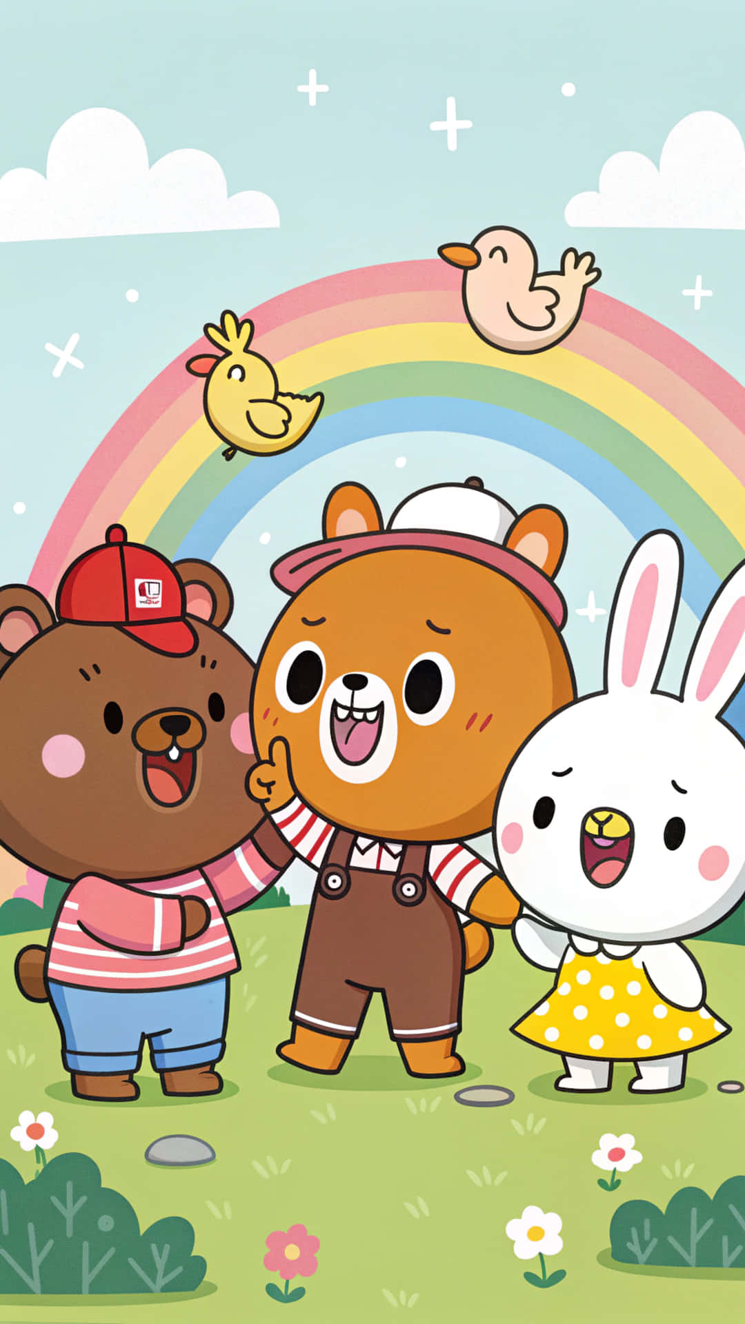 Line Friends 壁紙 — 三隻快樂的卡通動物站在彩虹下，鳥兒在明亮的粉彩風景上空飛翔。