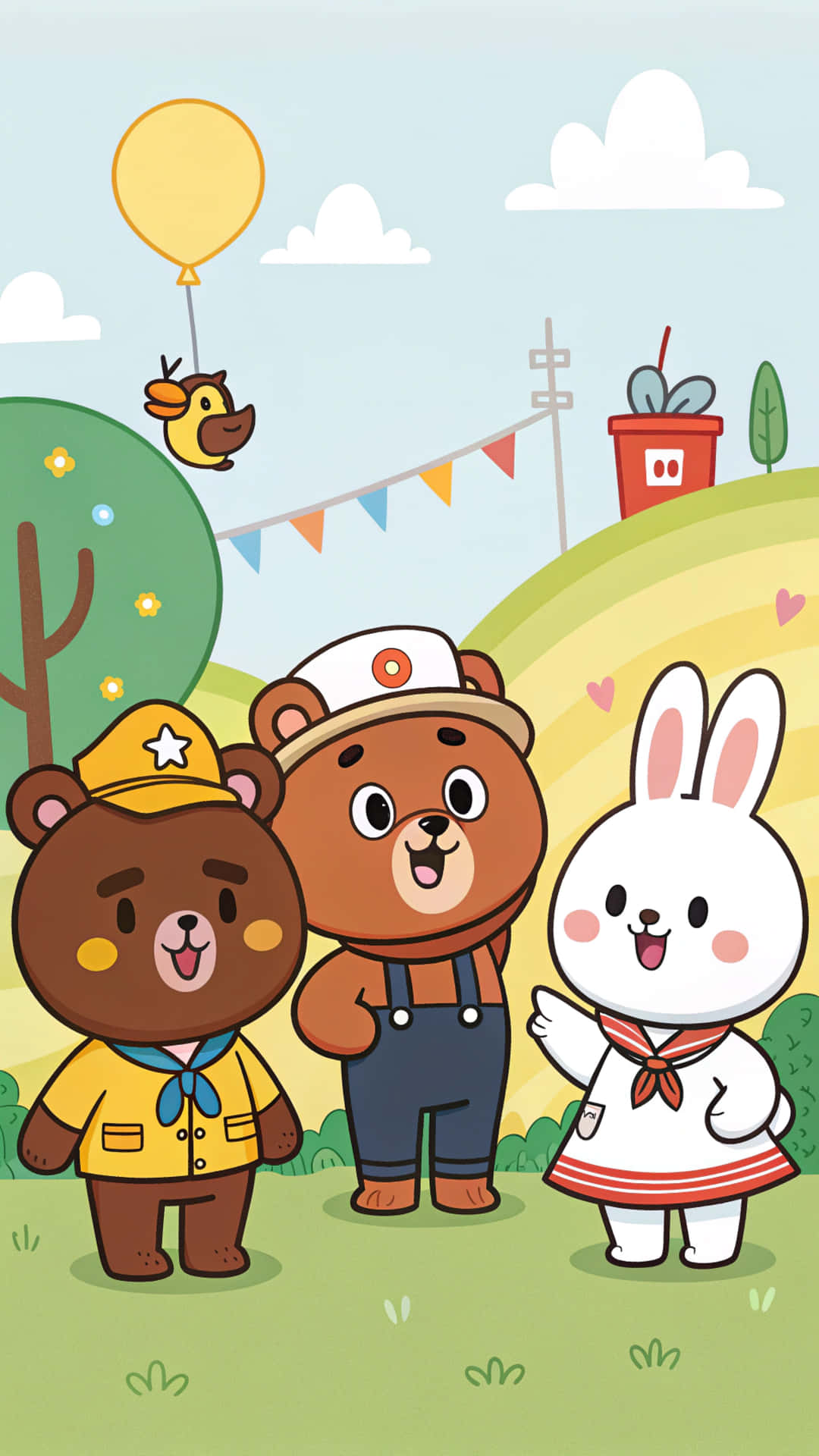 Line Friends 壁紙 — 三隻快樂的卡通動物：戴帽子的熊、穿吊帶褲的熊和穿裙子的兔子，站在草地上，天空中有氣球和小鳥。