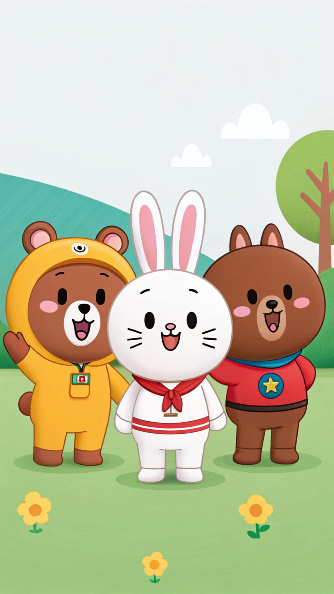 Line Friends 壁紙 — 三隻開心的卡通動物：一隻穿黃色西裝的熊、一隻穿白色衣服的兔子和一隻穿紅色襯衫的熊，一起站在有花和樹的草地上，天空多雲。