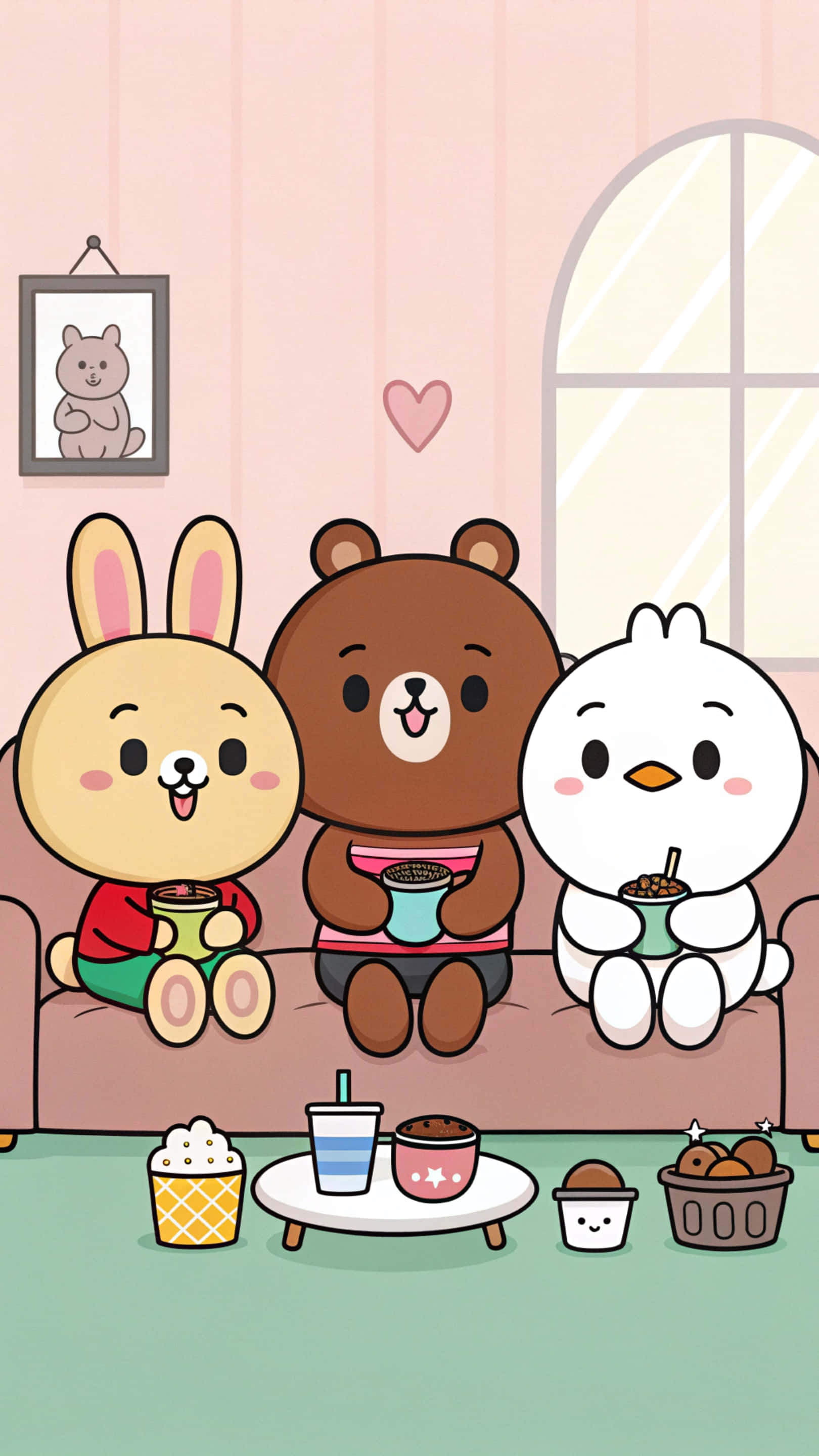 Line Friends 壁紙 — 三隻可愛的卡通動物坐在粉紅色梳化上，在舒適的柔和色調房間裡享用飲品和小食。