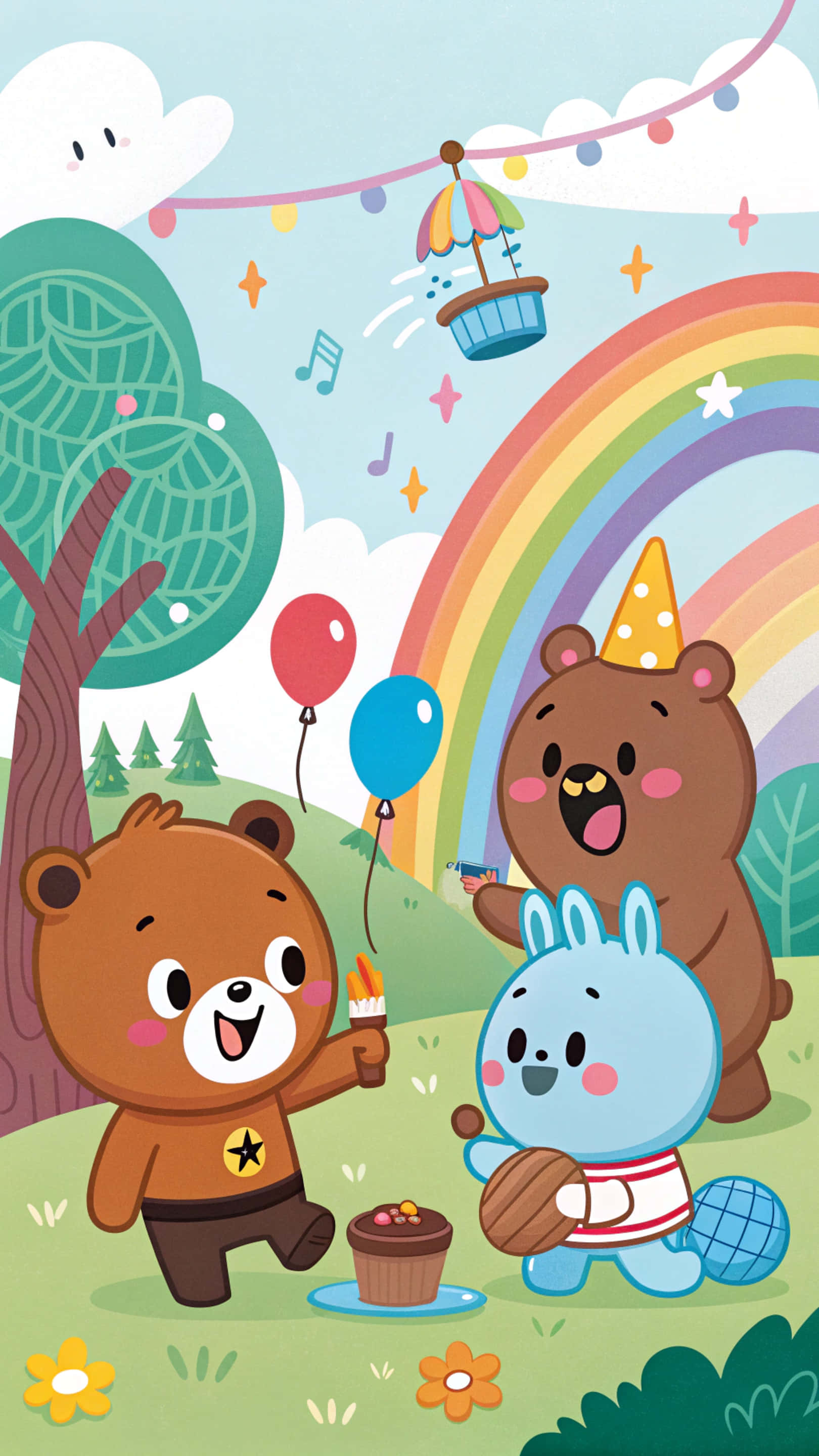 Line Friends 壁紙 — 兩隻熊和一隻兔子在彩虹下慶祝，周圍有氣球、紙杯蛋糕和一個漂浮的旋轉木馬，身處一個奇幻的森林中。