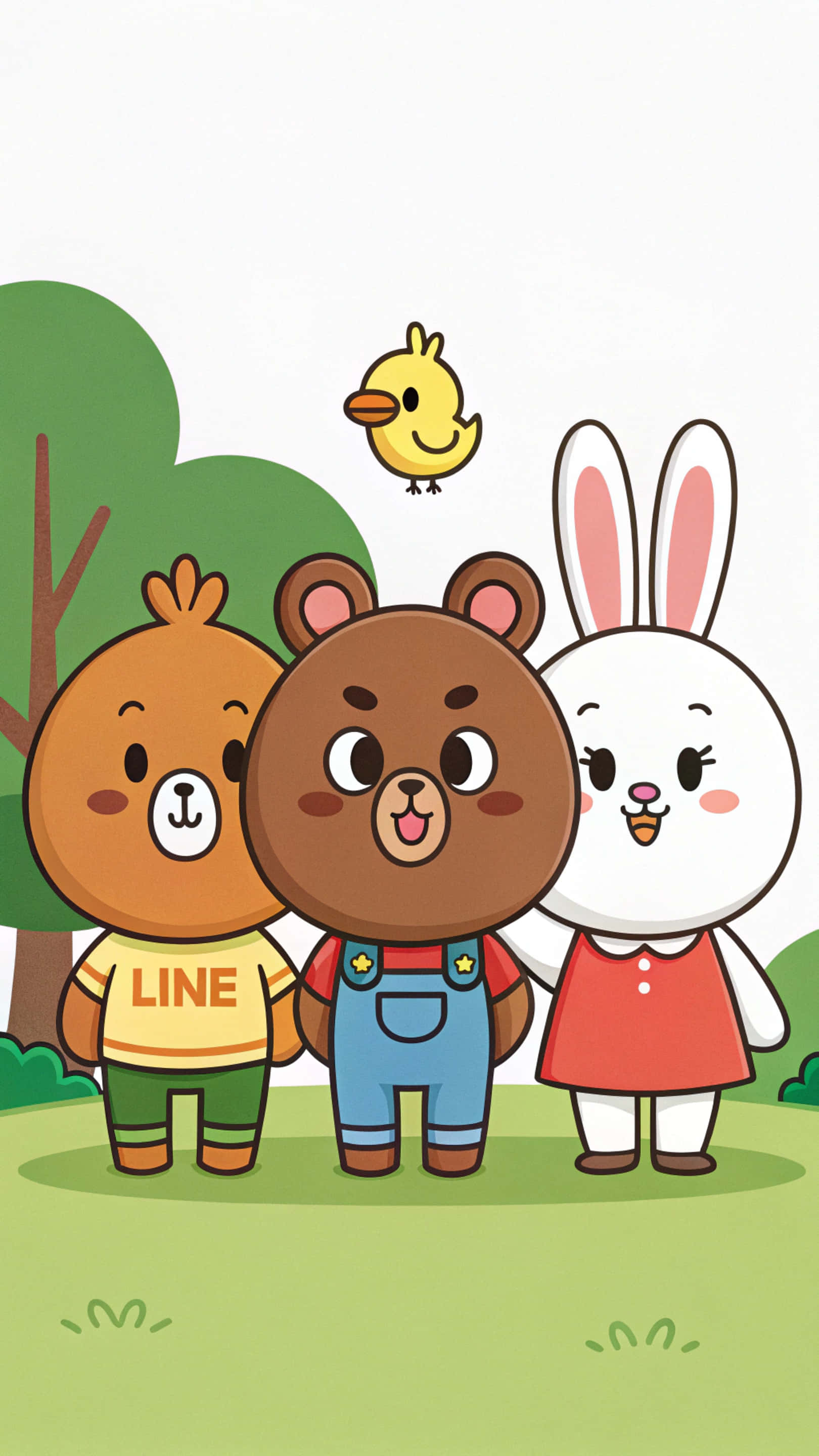 Line Friends 壁紙 — 三隻可愛的卡通動物，一隻棕熊、一隻白兔和一隻棕熊，一起站在草地上，一隻小黃鳥在牠們上方飛翔。