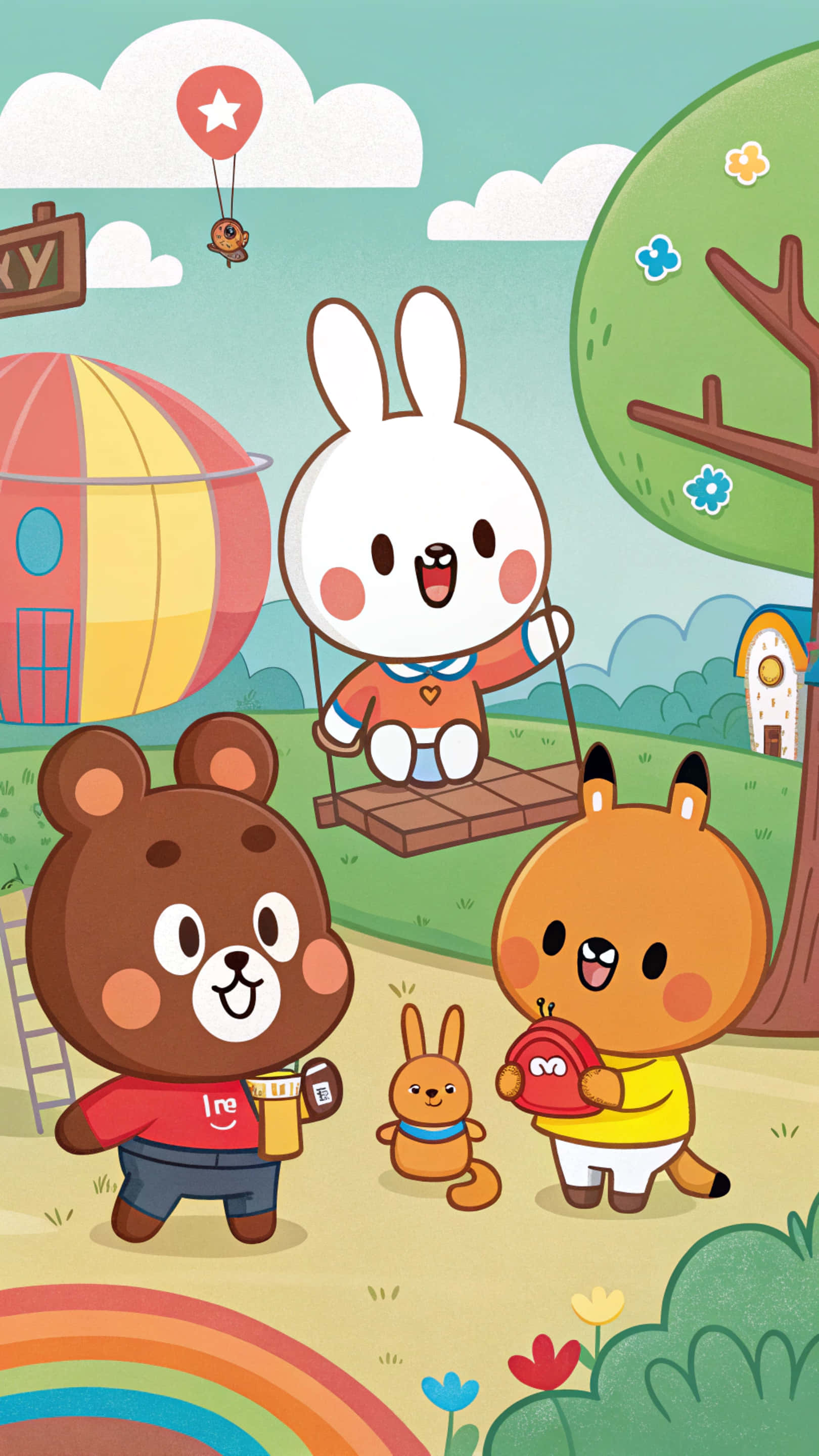 Line Friends 壁紙 — 四隻可愛的卡通動物在色彩繽紛的戶外場景中一起玩耍，有彩虹熱氣球和鞦韆。