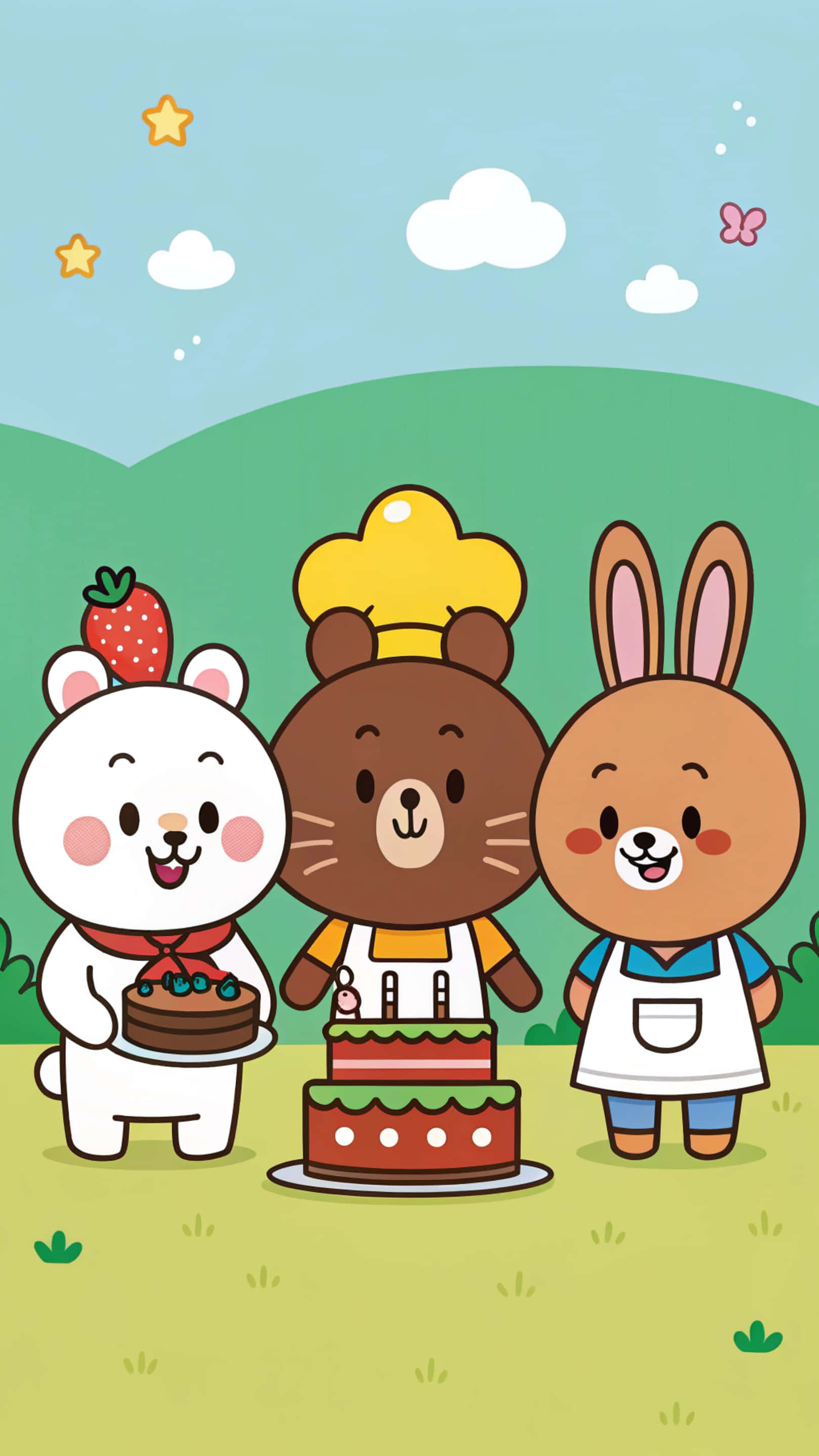 Line Friends 壁紙 — 三隻開心的卡通動物在星空下慶祝一個多層生日蛋糕。