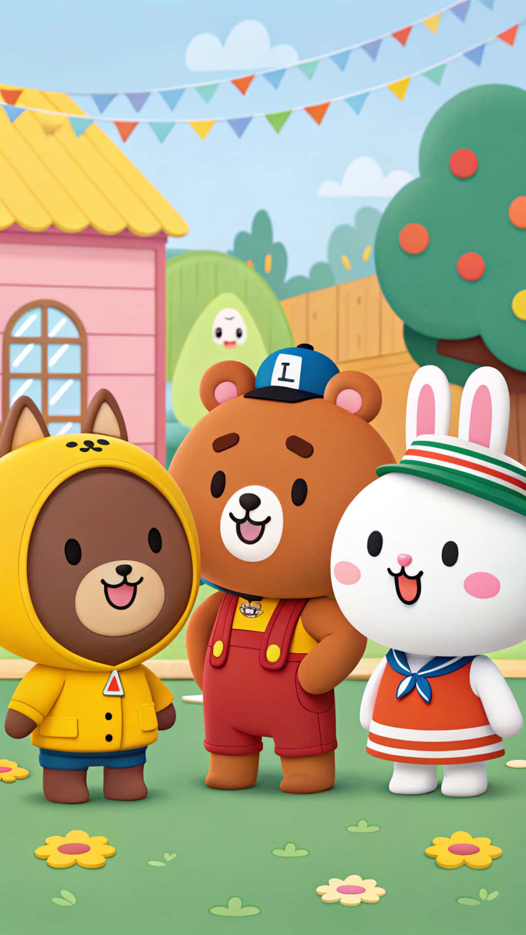 Line Friends 壁紙 — 三隻穿著色彩繽紛服裝的開心卡通動物，在一個明亮的戶外遊樂場中，與節日橫幅和鮮花站在一起。