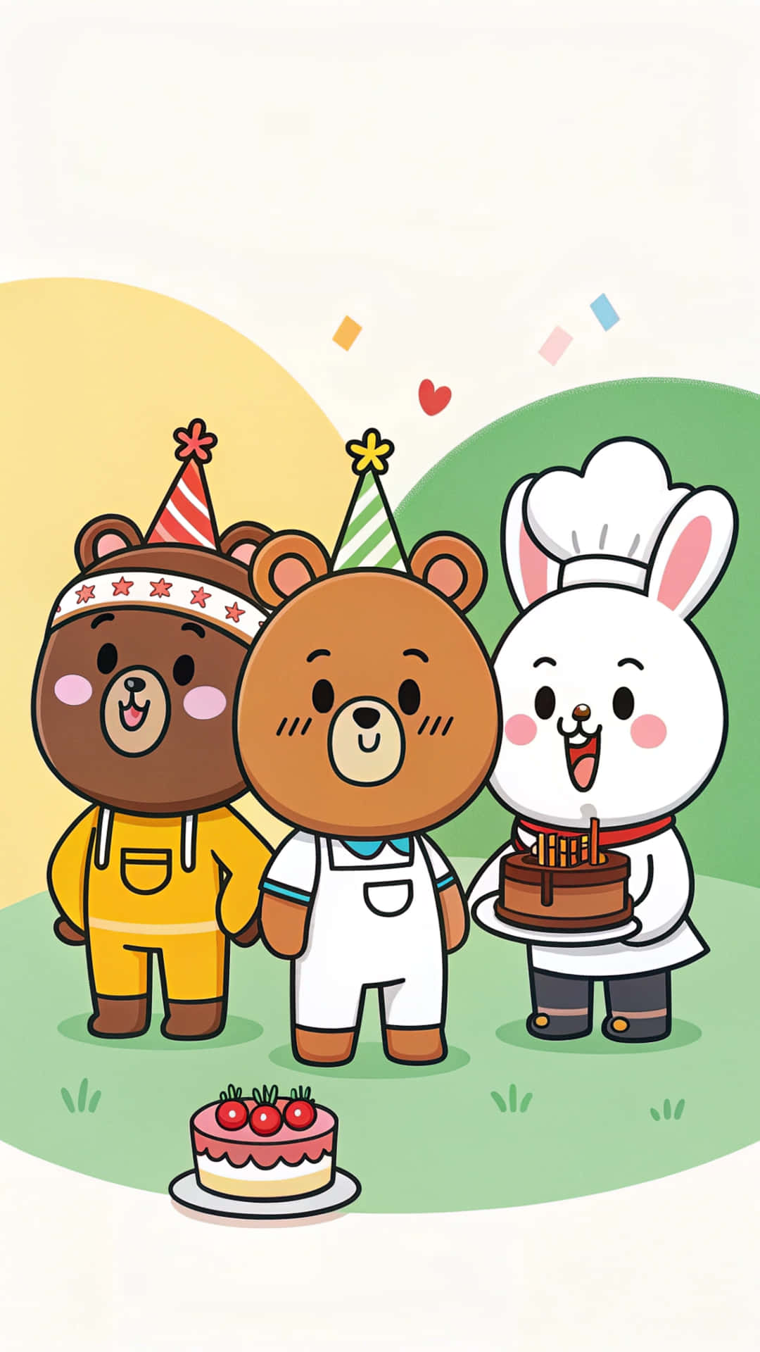 Line Friends 壁紙 — 三隻戴著派對帽和廚師服裝的開心卡通動物在粉彩天空下用蛋糕慶祝。
