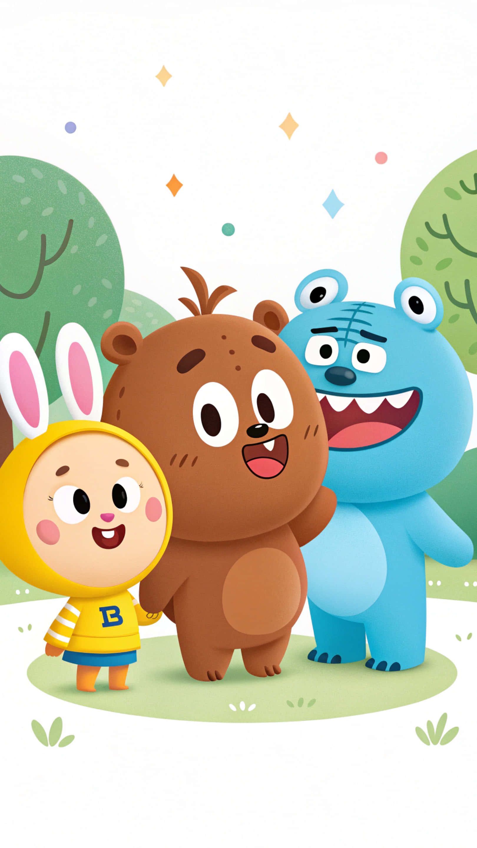 Line Friends 壁紙 — 三個快樂的卡通角色，一個兔仔小孩、一隻棕熊和一個藍色怪物，一起站在一個有漂浮彩色形狀的風格化森林中。