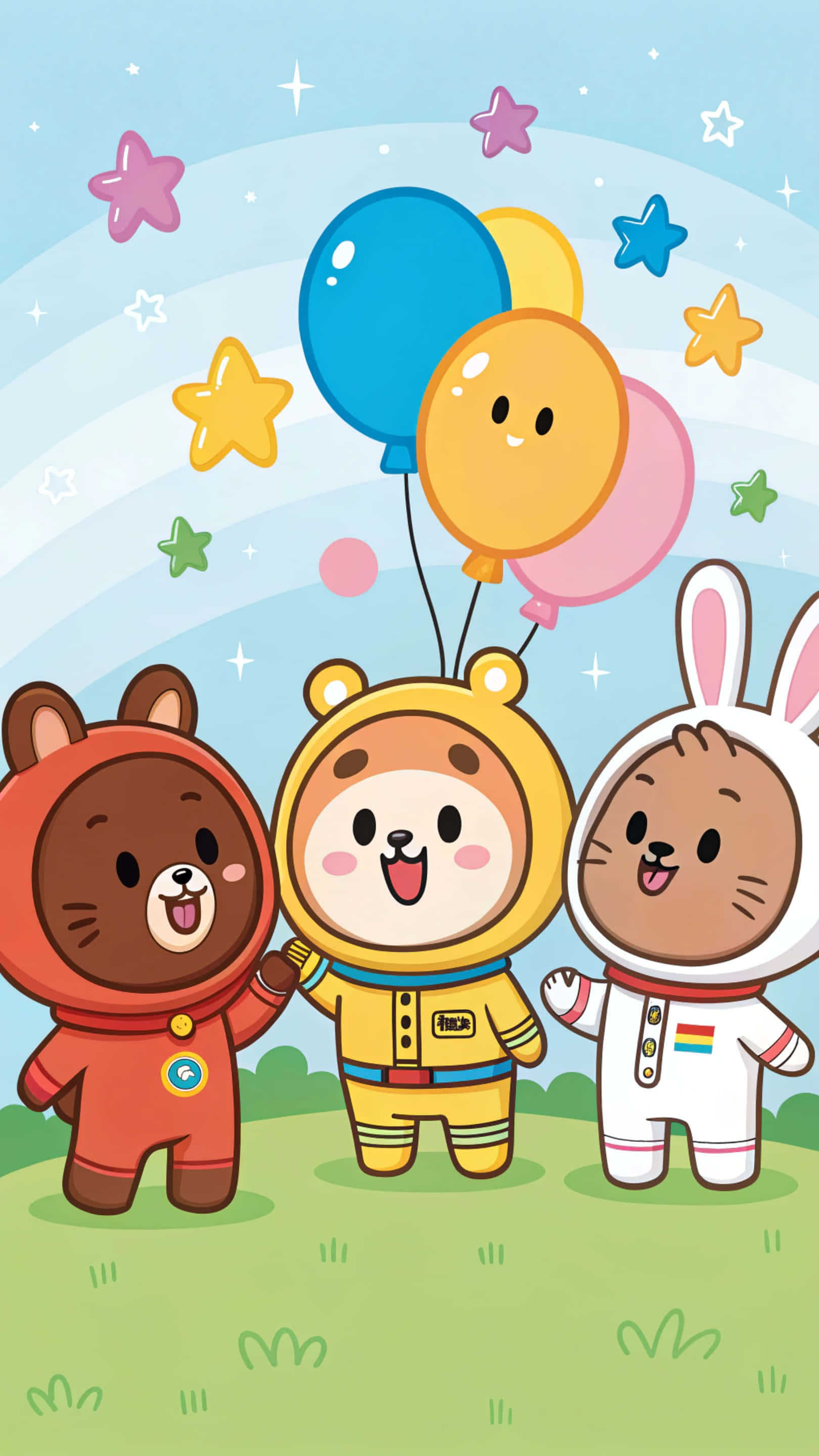 Line Friends 壁紙 — 三隻可愛的卡通動物穿著色彩繽紛的太空衣，在星空下拿著微笑的氣球。
