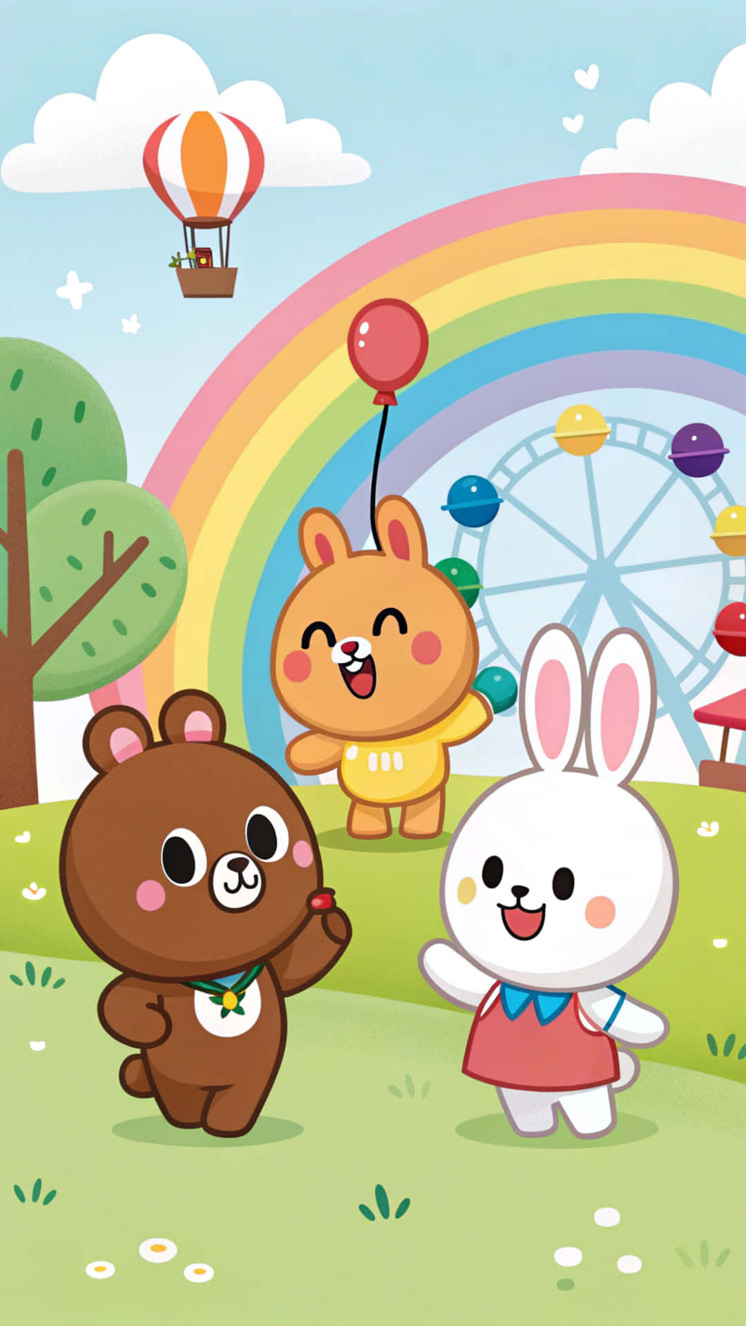 三隻卡通動物在公園裡微笑，身後有彩虹和遊樂設施。 — 小狗 壁紙
