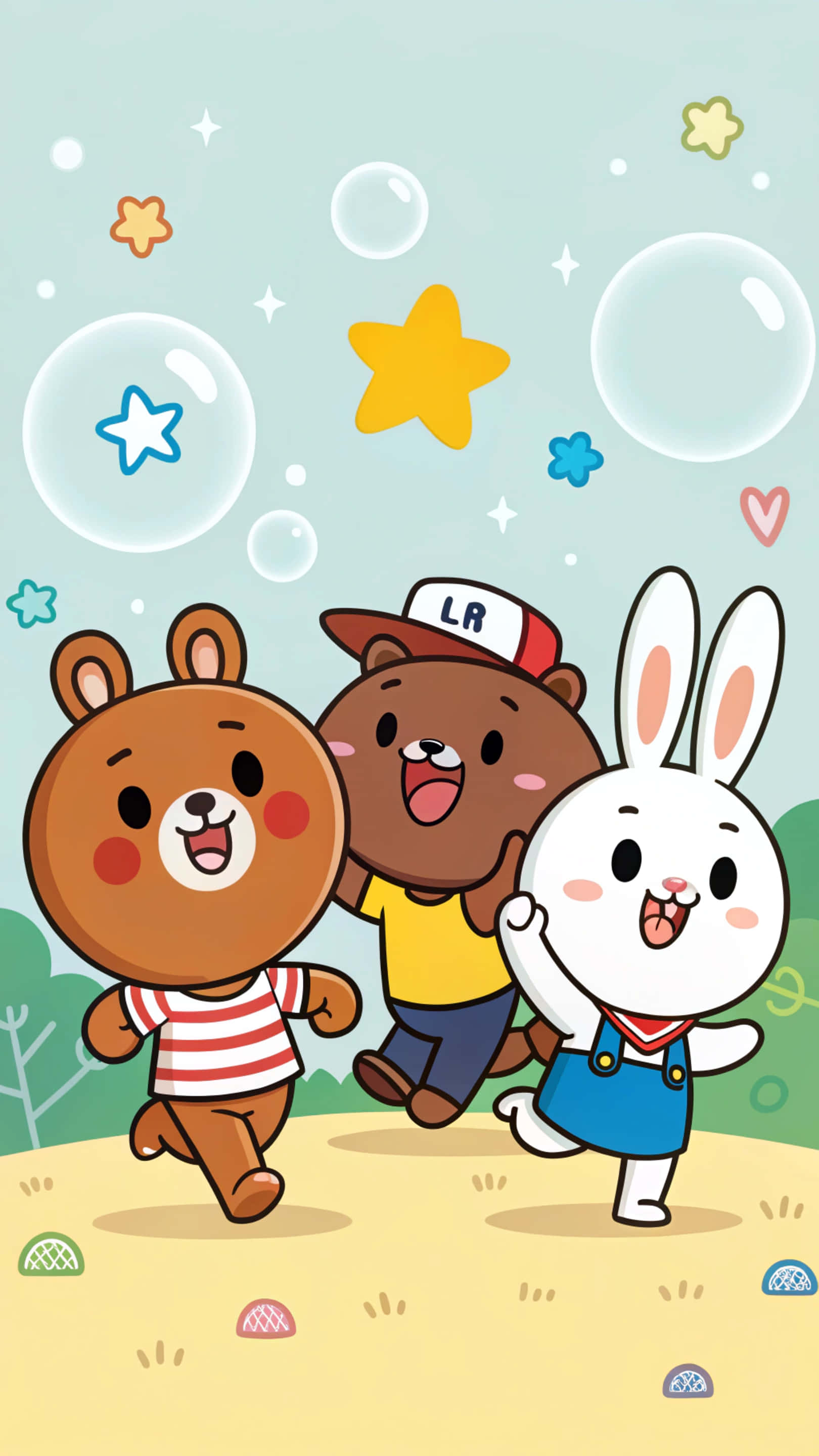 Line Friends 壁紙 — 三隻快樂的卡通動物在充滿漂浮泡泡和彩色星星的奇幻田野中歡快地奔跑。