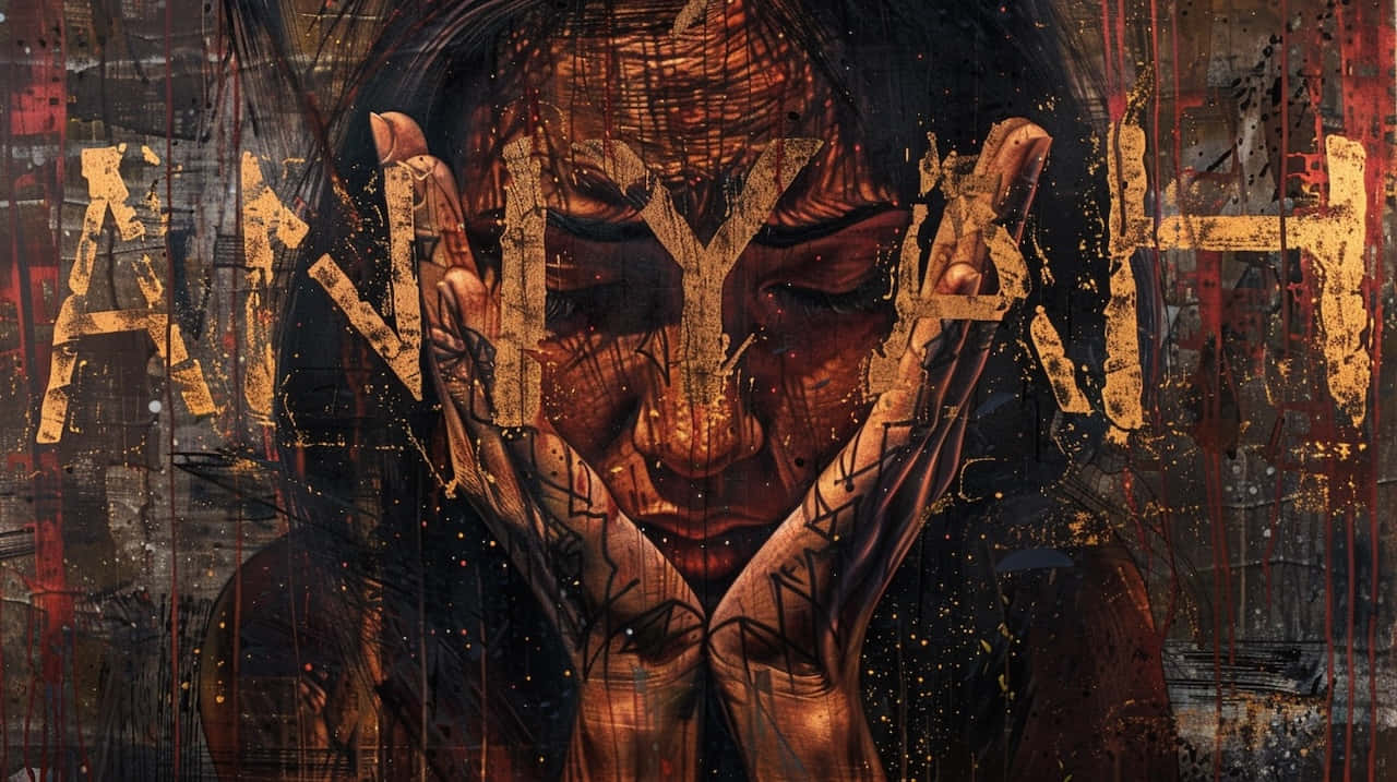  壁紙 — 一幅令人難忘的數碼藝術肖像，人物用手遮臉，在深色紋理背景上疊加磨損的金色文字。